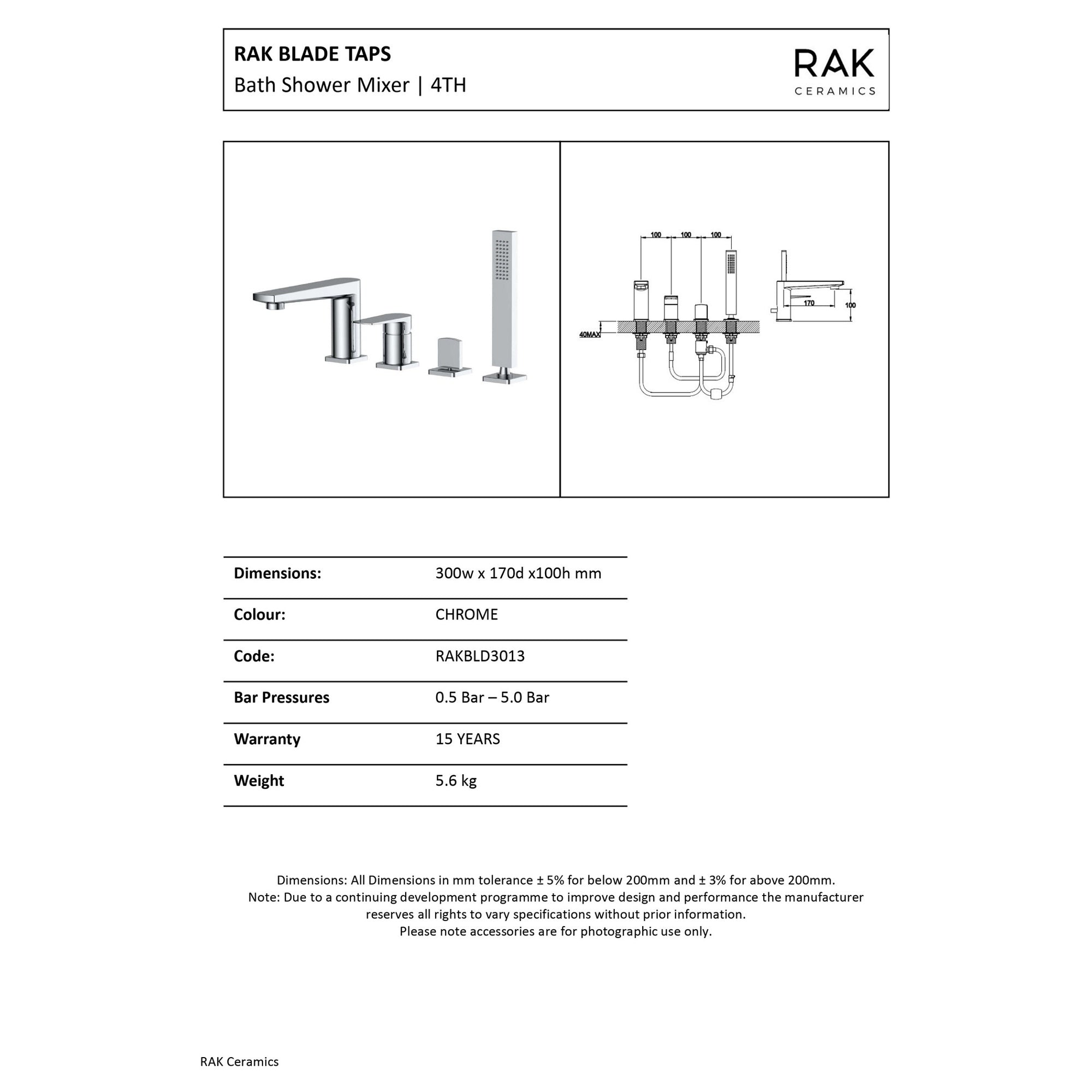 RAK Blade 4-Hole Deck Mounted Bath Shower Mixer Tap with Handset - Polished Chrome