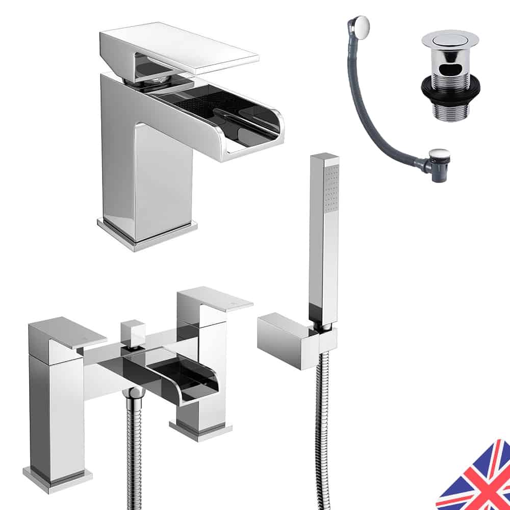 Square Waterfall Chrome Bath Shower Mixer & Basin Sink Mono Tap Inc Waste-0
