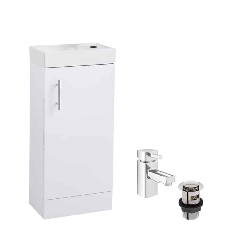 Bathroom Vanity Unit Cabinet White Plus HERO Mixer Basin Sink Tap and Clicker Waste 400mm x 220mm CHI003&HERO-0