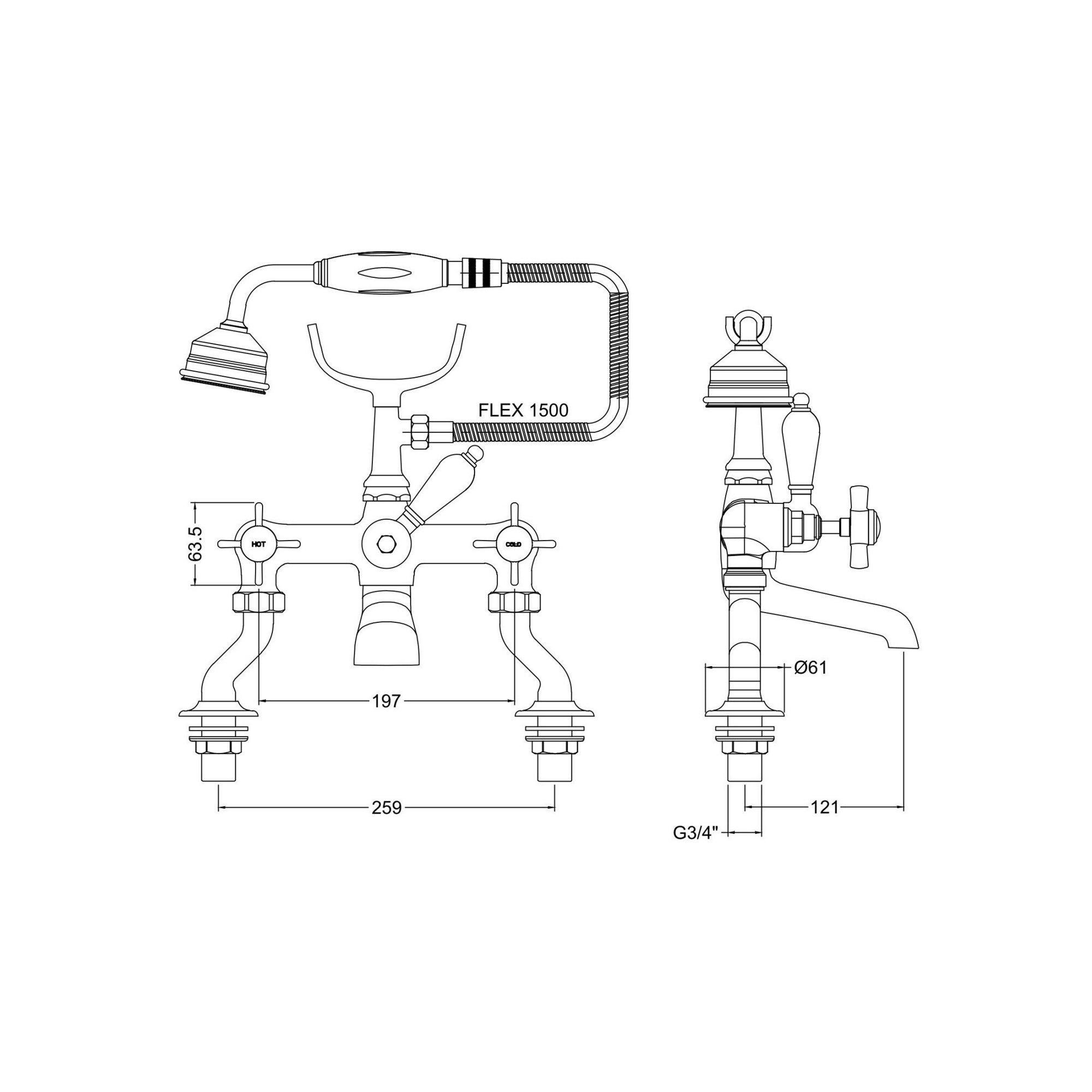 Montane Traditional Chrome 3/4 Cranked Bath Shower Mixer Crosshead 2 Hole
