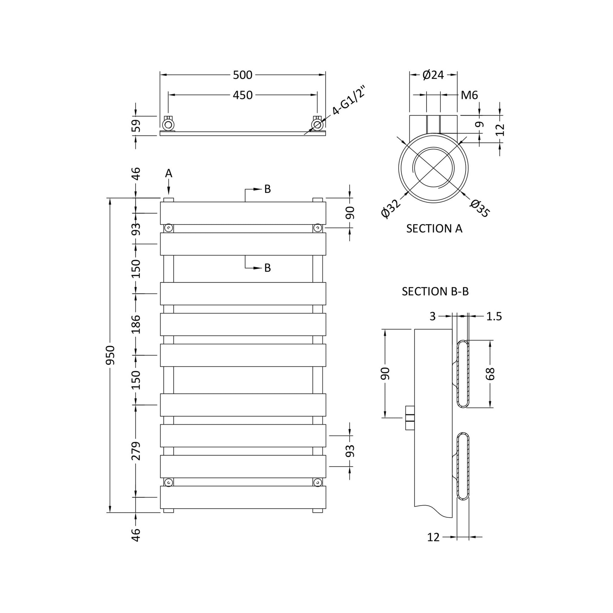 Heated Towel Rail 950 X 500mm Chrome 915 BTU 450 Pipe Centres