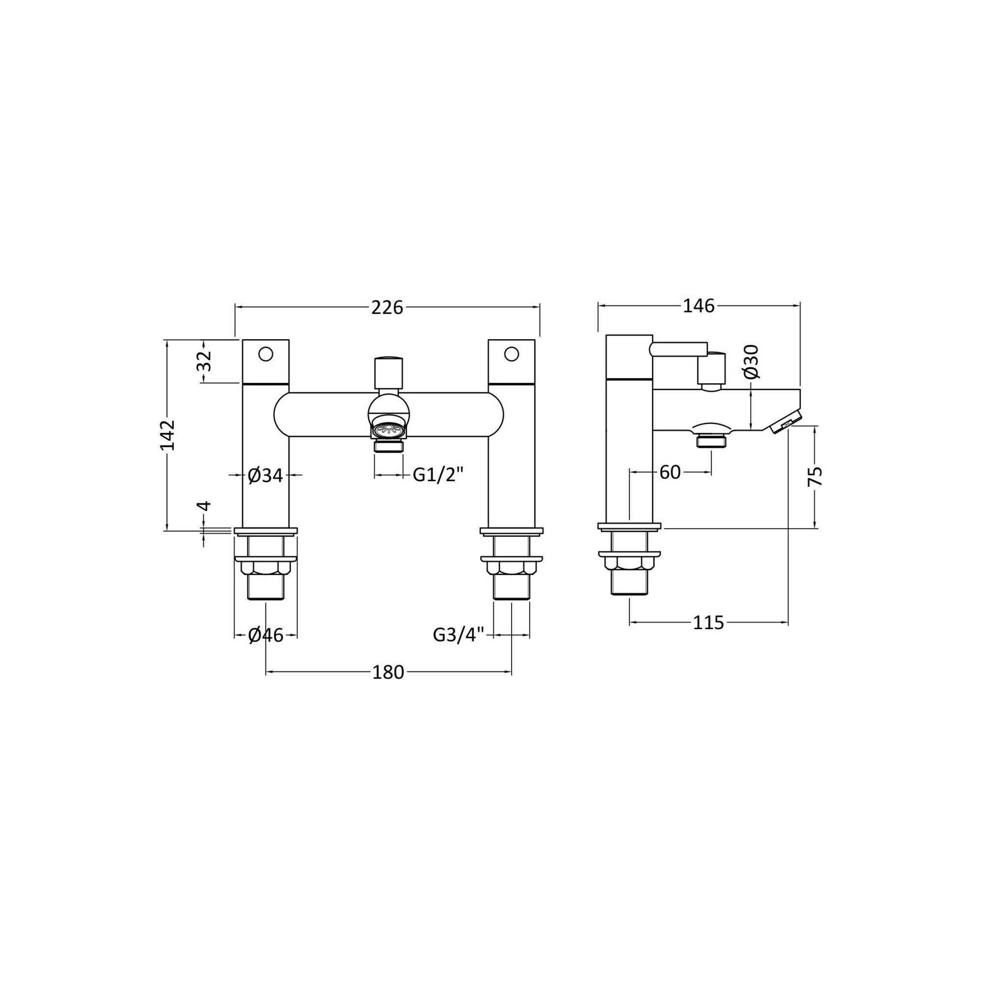 Ratio Contemporary Chrome Bath Shower Mixer Lever 2 Hole 115mm Projection