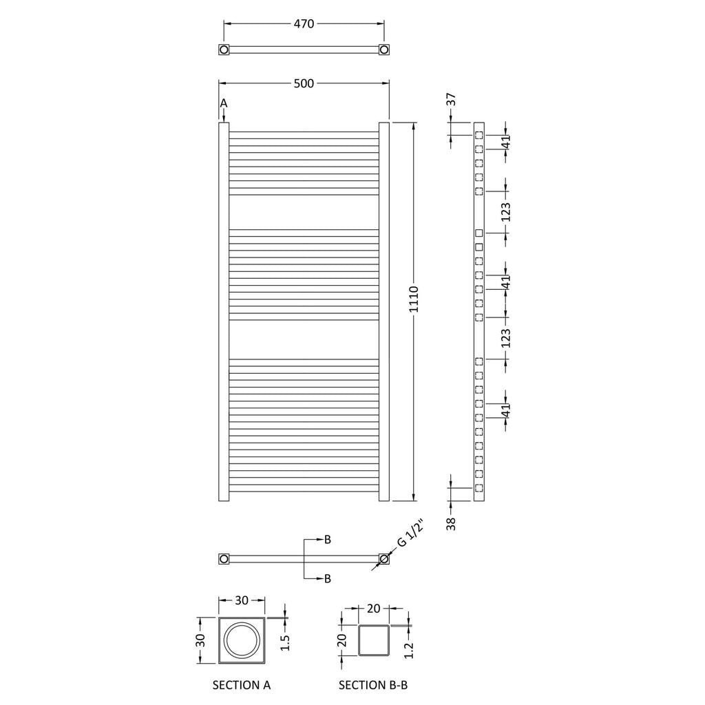 Electric Radiator 1100 X 500mm 300 Watt Chrome 1024 BTU 470 Pipe Centres