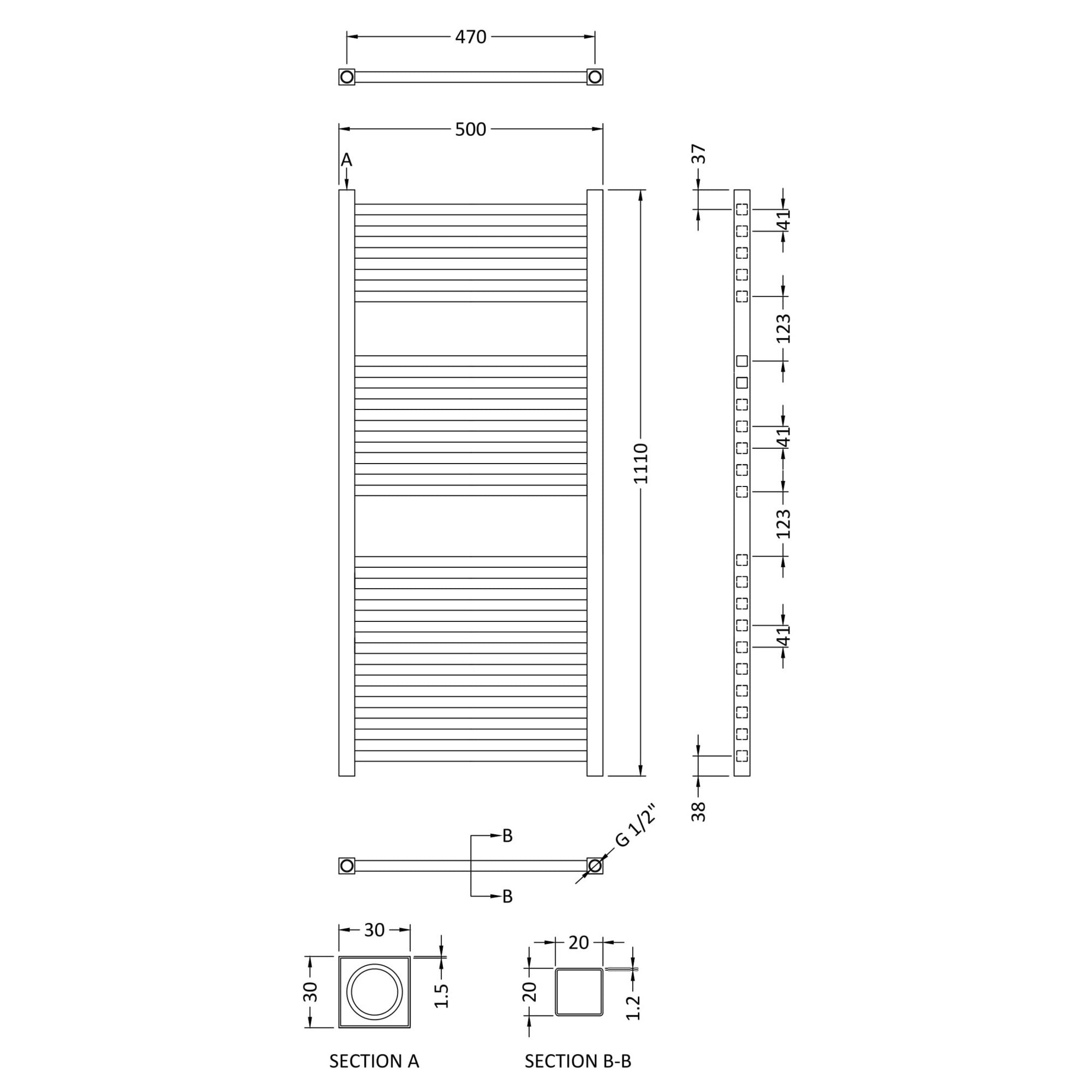 Electric Radiator 1100 X 500mm 300 Watt Chrome 1024 BTU 470 Pipe Centres