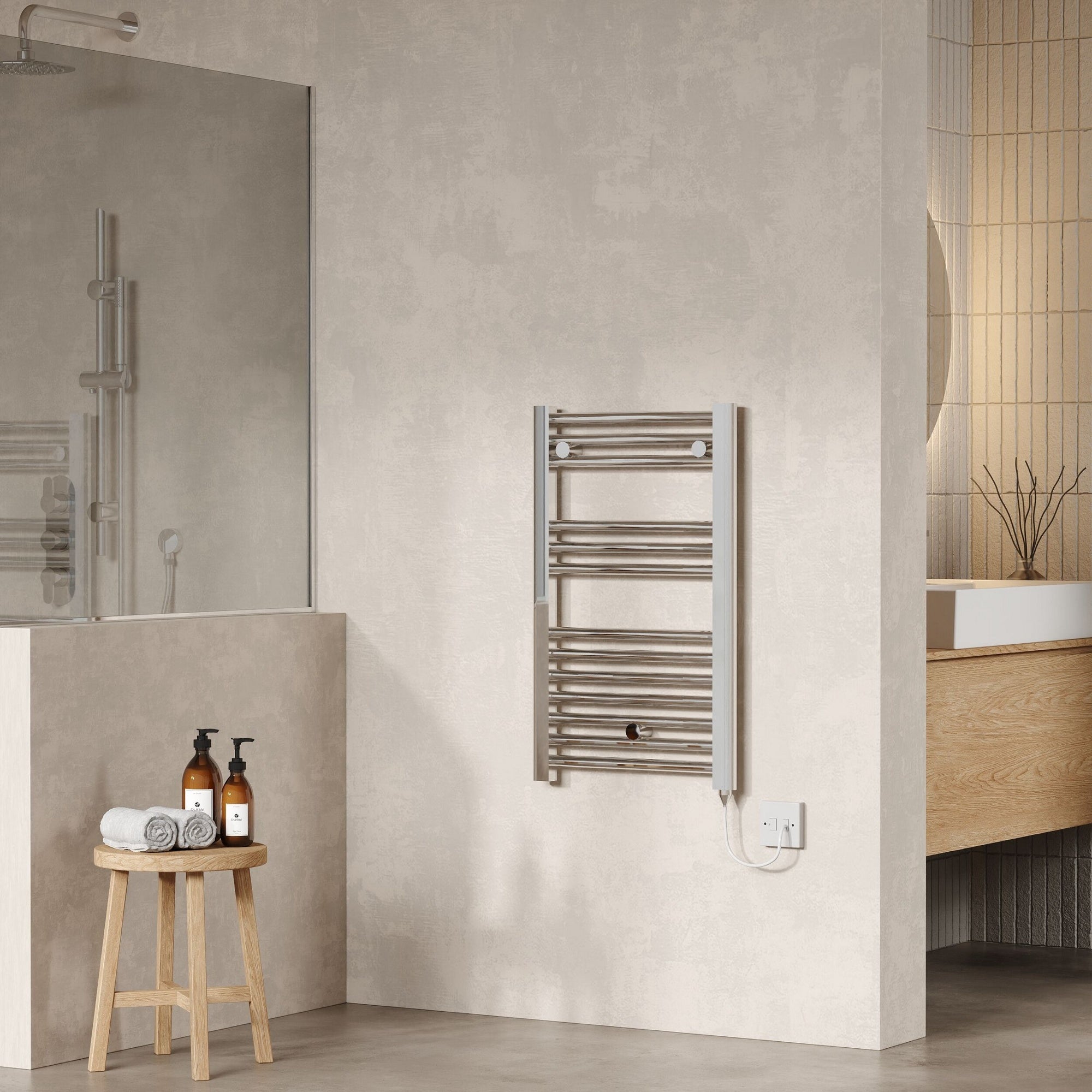 Electric Chrome Towel Rail 720x400mm 200w 683 BTU 355 Pipe Centres