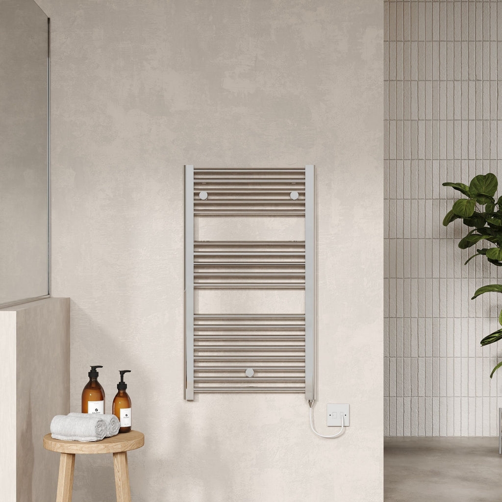 Electric Chrome Towel Rail 920x480mm 300w 1024 BTU 435 Pipe Centres