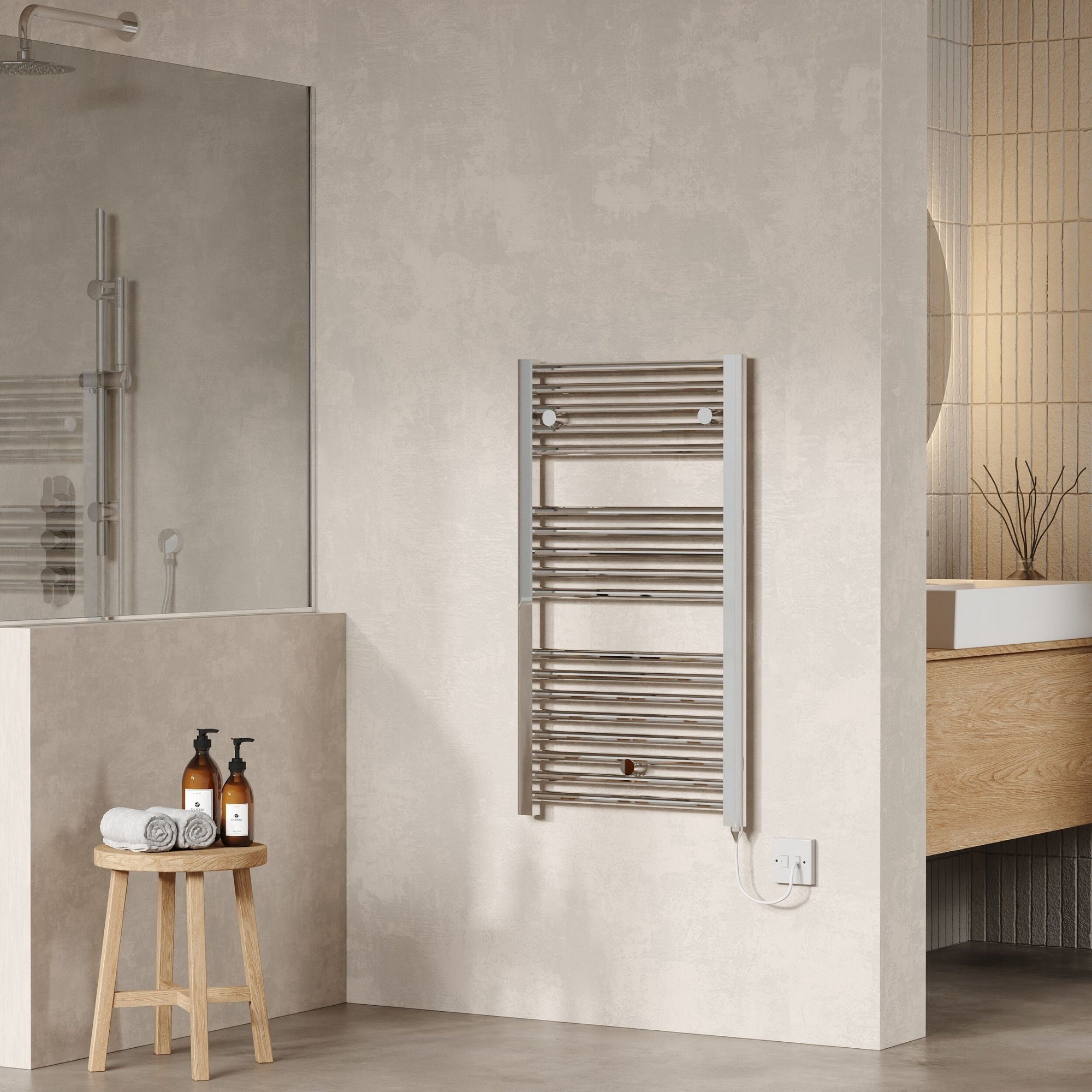 Electric Chrome Towel Rail 920x480mm 300w 1024 BTU 435 Pipe Centres