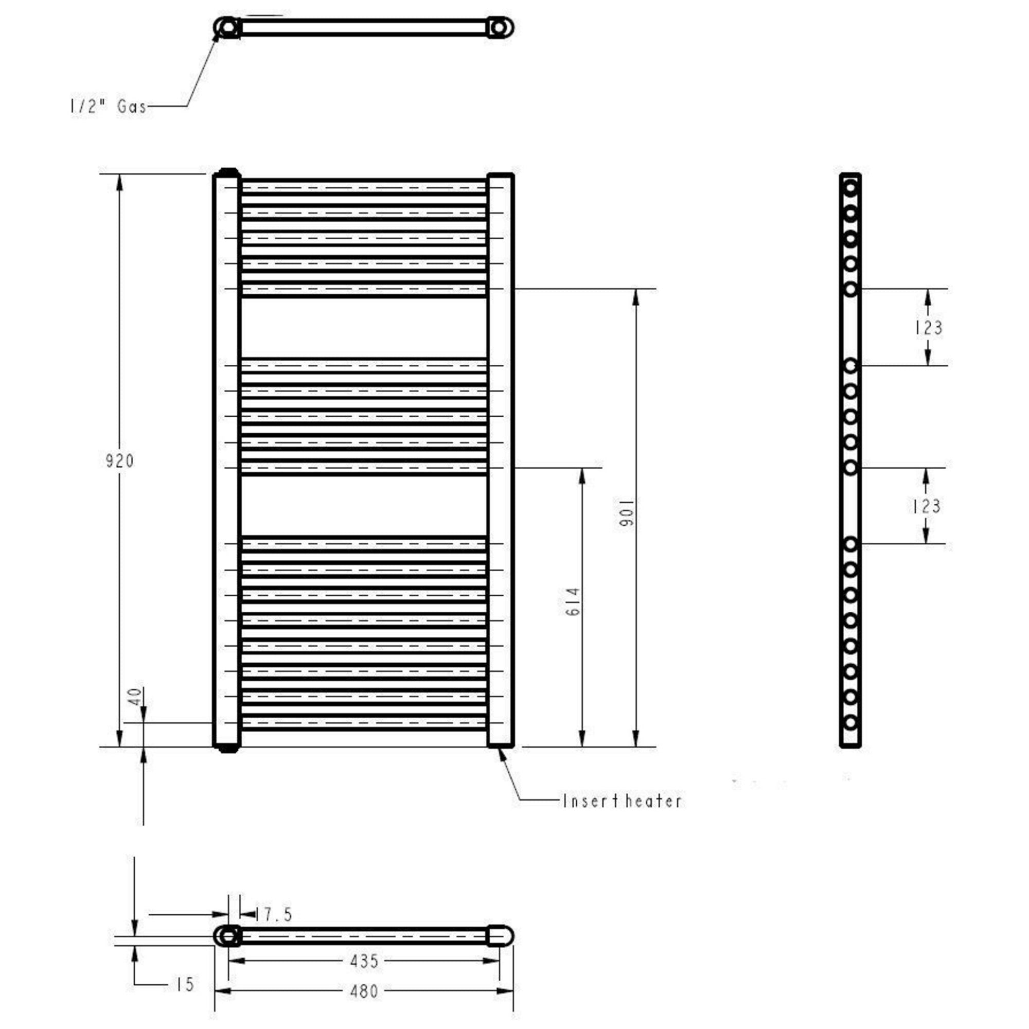 Electric Chrome Towel Rail 920x480mm 300w 1024 BTU 435 Pipe Centres