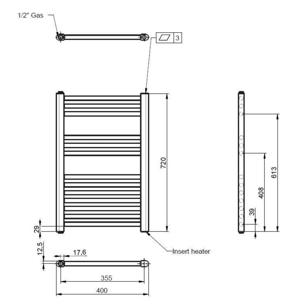 Electric Anthracite Towel Rail 720x400mm 300w 1024 BTU 355 Pipe Centres