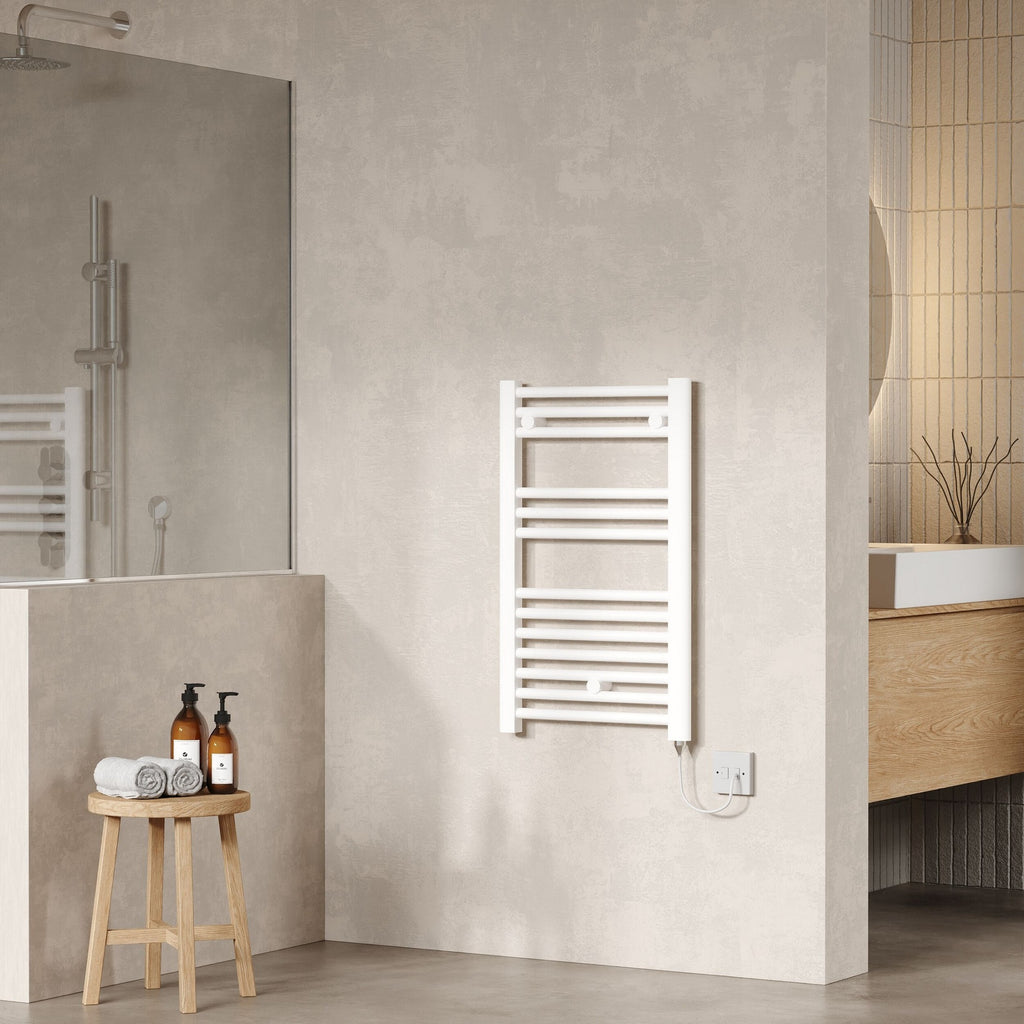 Electric White Towel Rail 720x400mm 300w 1024 BTU 435 Pipe Centres