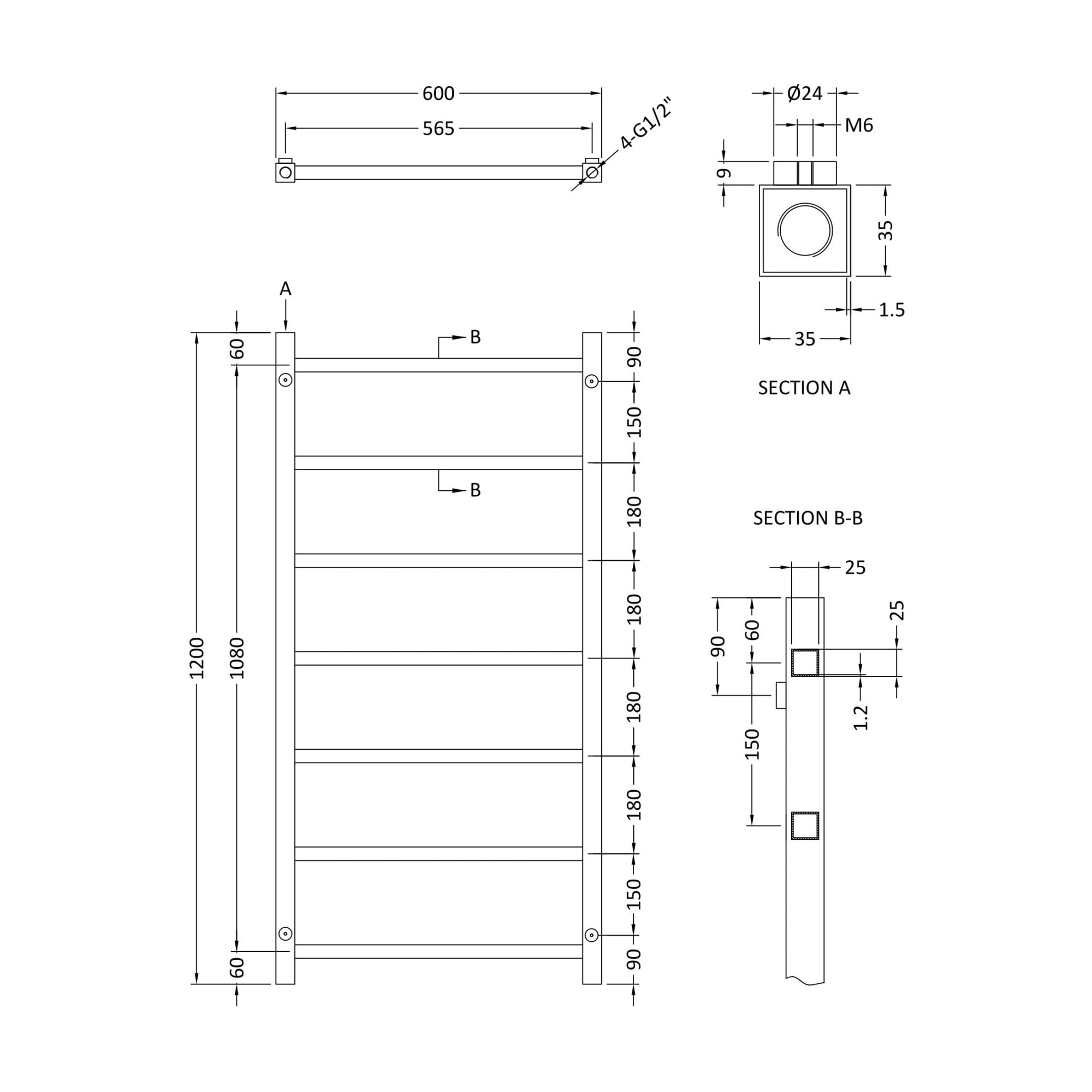 Heated Towel Rail 1200 X 600mm Chrome 864 BTU 444 Pipe Centres