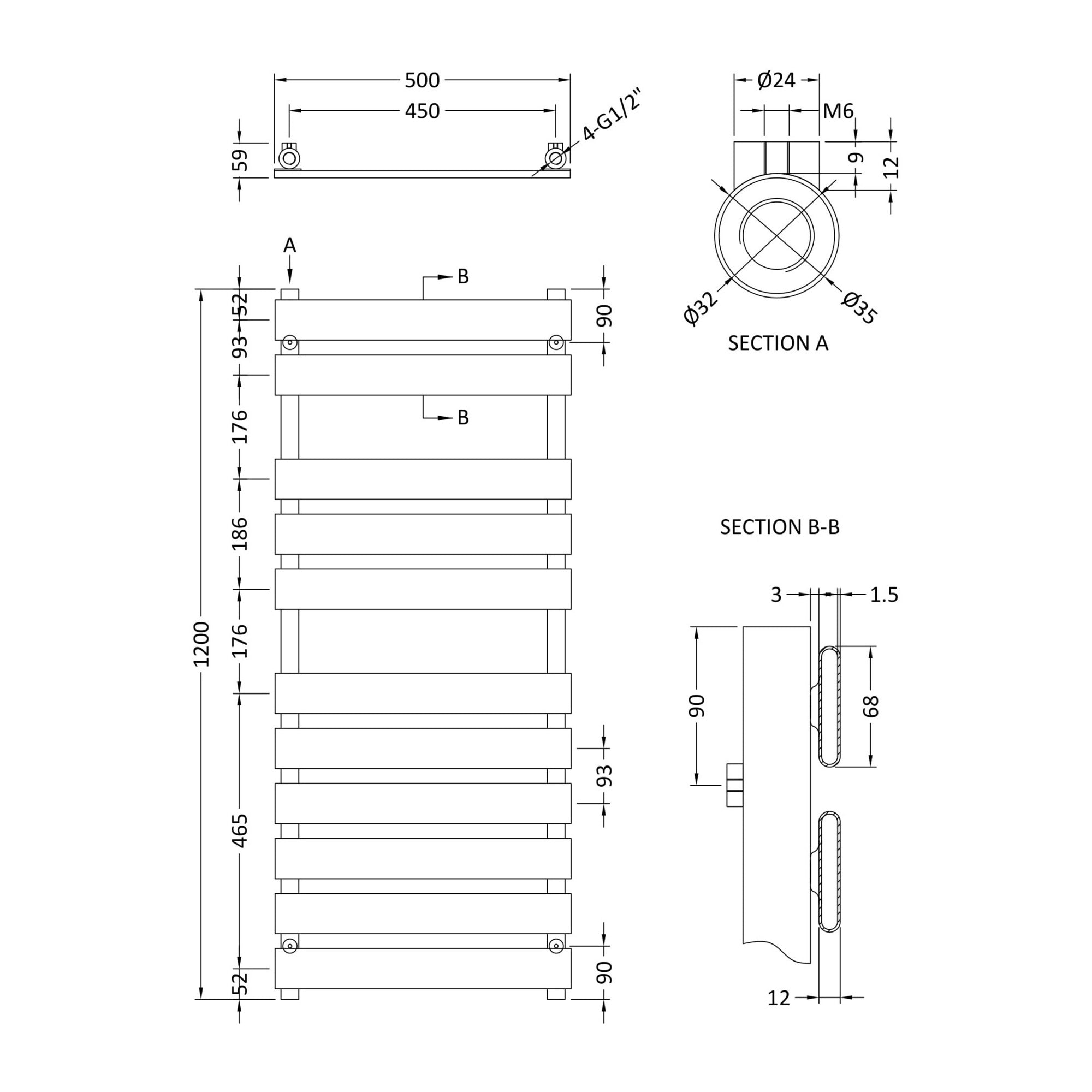 Heated Towel Rail 1200 X 500mm Chrome 1058 BTU 450 Pipe Centres