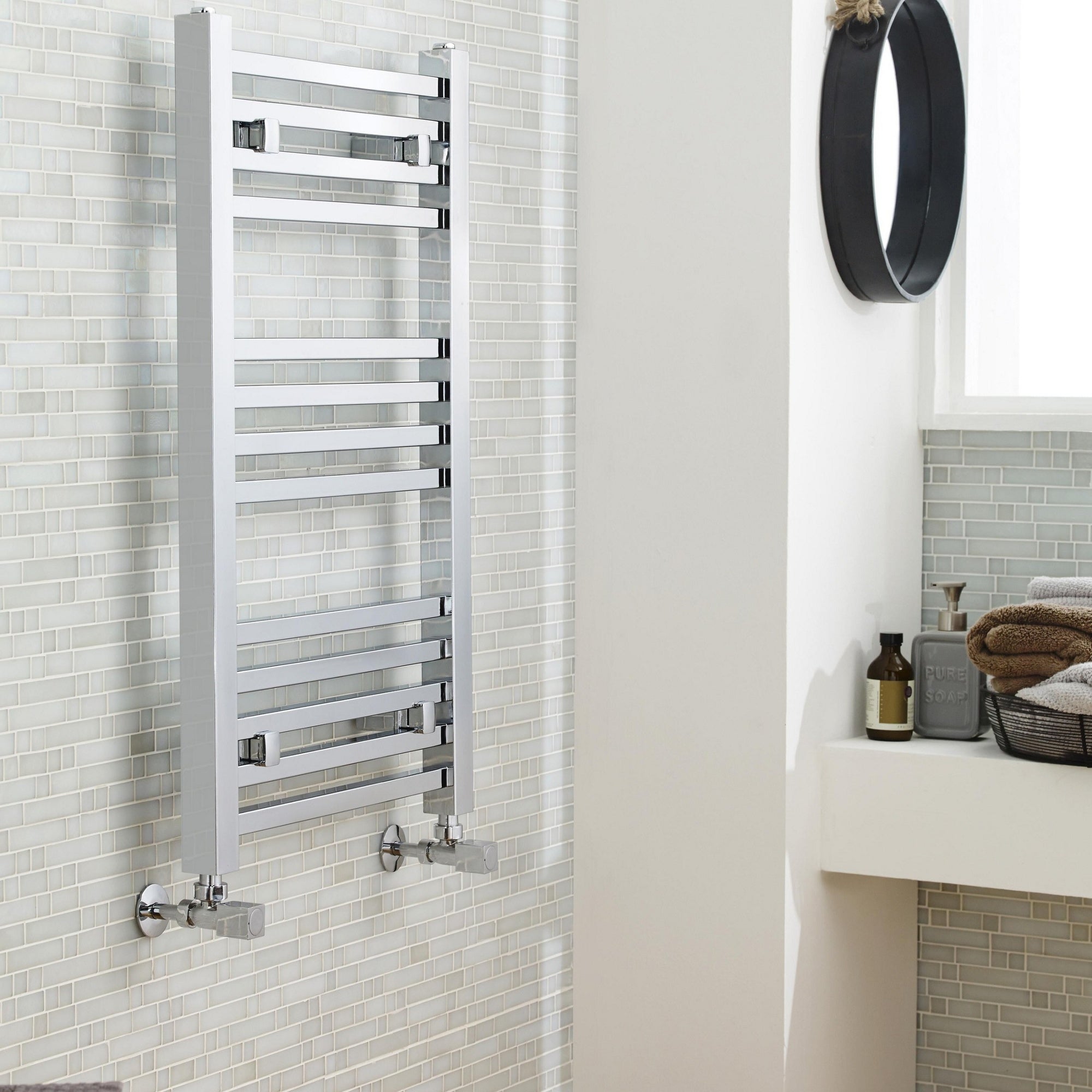 Chrome Square Ladder Rail 800x500mm 782 BTU 500 Pipe Centres