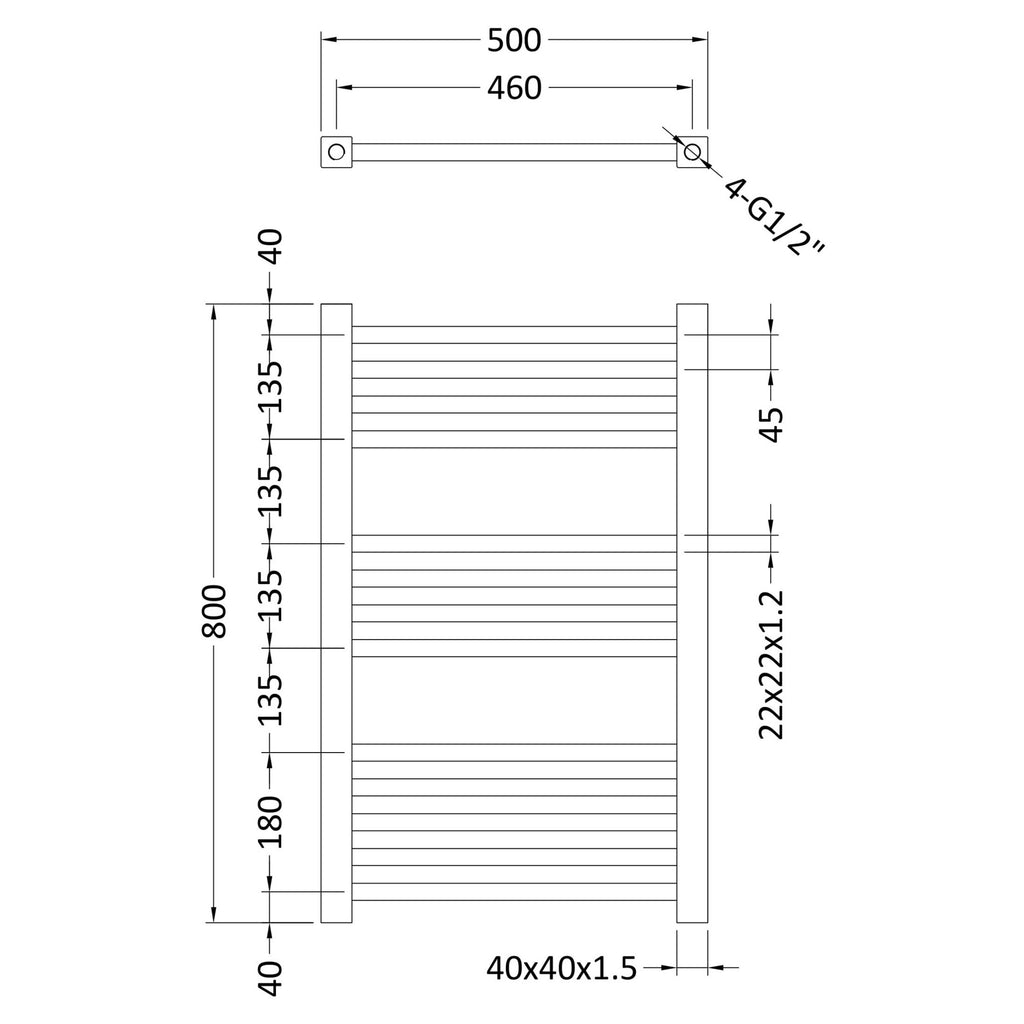 Chrome Square Ladder Rail 800x500mm 782 BTU 500 Pipe Centres