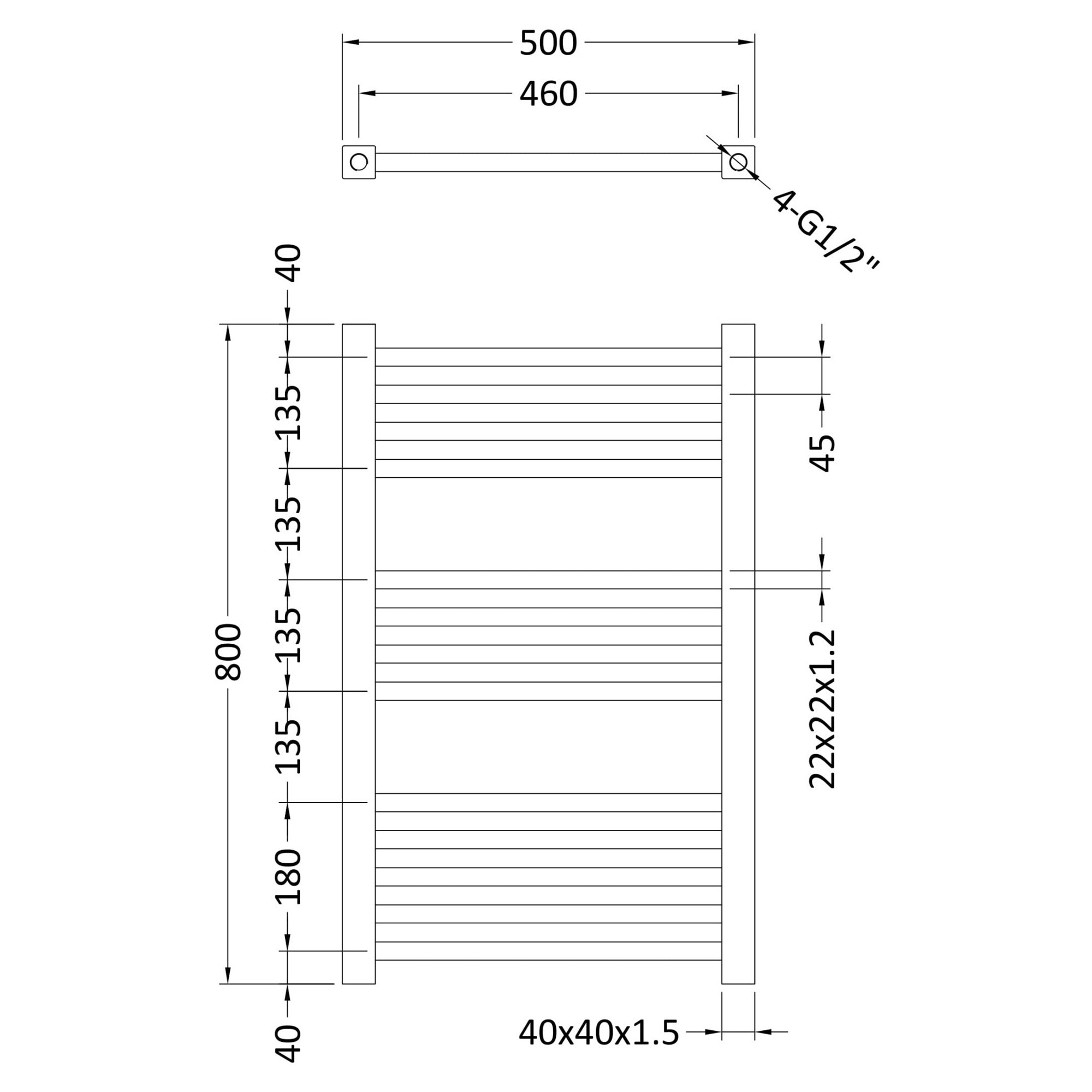 Chrome Square Ladder Rail 800x500mm 782 BTU 500 Pipe Centres