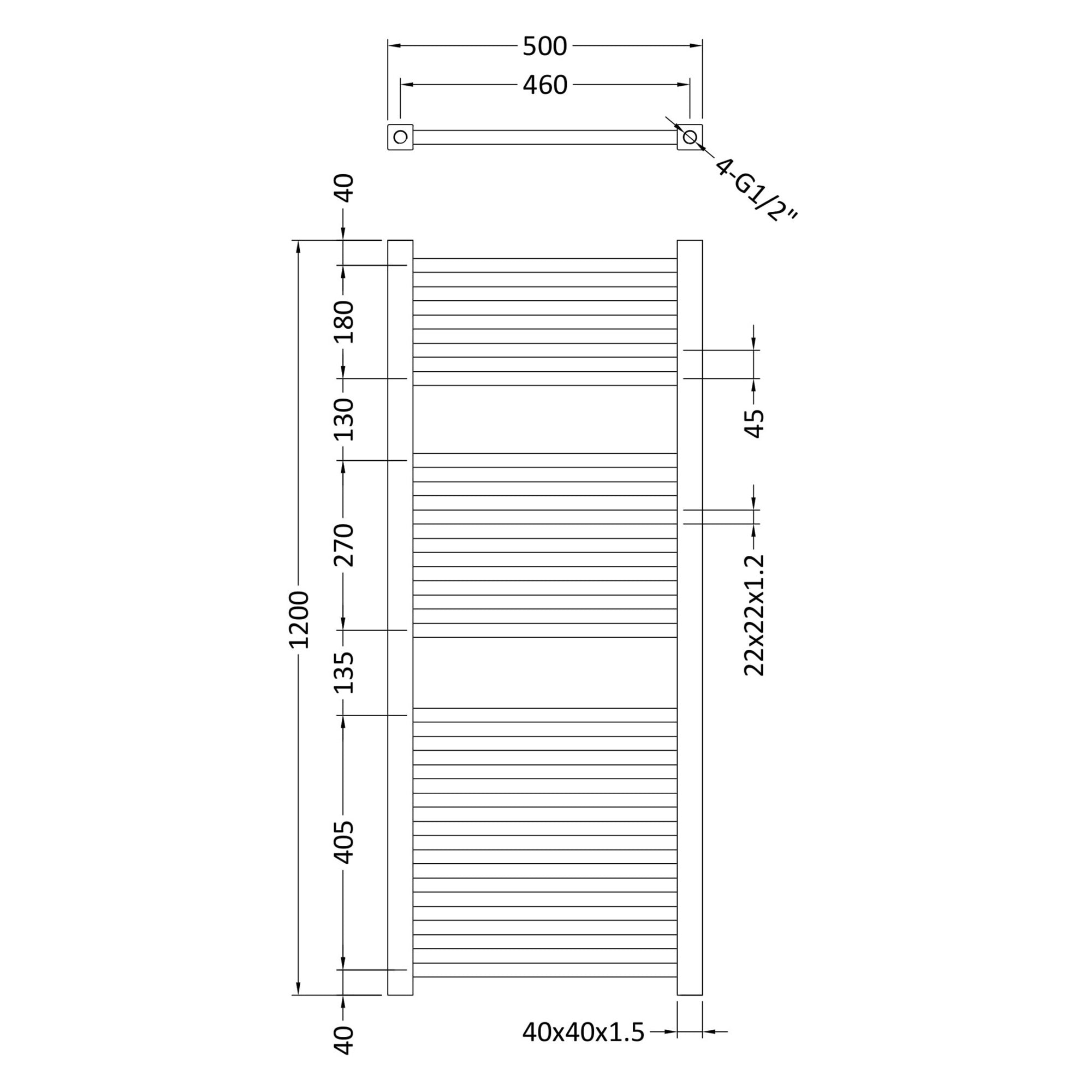 Chrome Square Ladder Rail 1200x500mm 1167 BTU 460 Pipe Centres