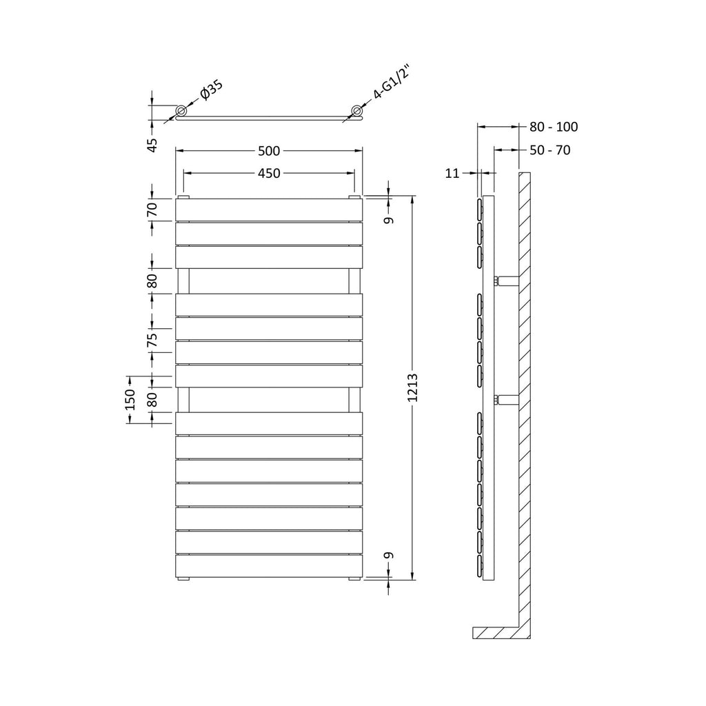 Heated Towel Rail 1213 X 500mm Chrome 1225 BTU 450 Pipe Centres