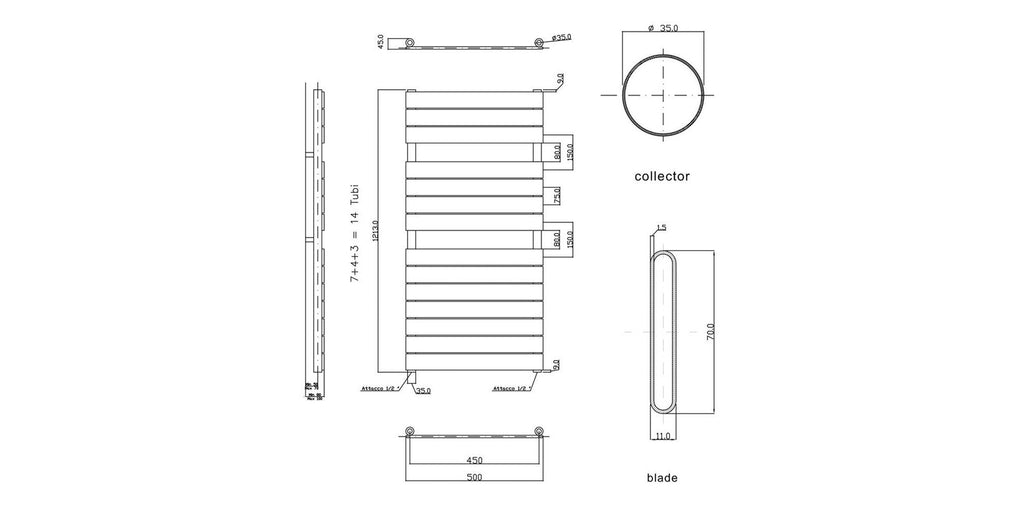 Quadrance Anthracite Heated Towel Rail 1213x500mm 2014 BTU 450 Pipe Centres