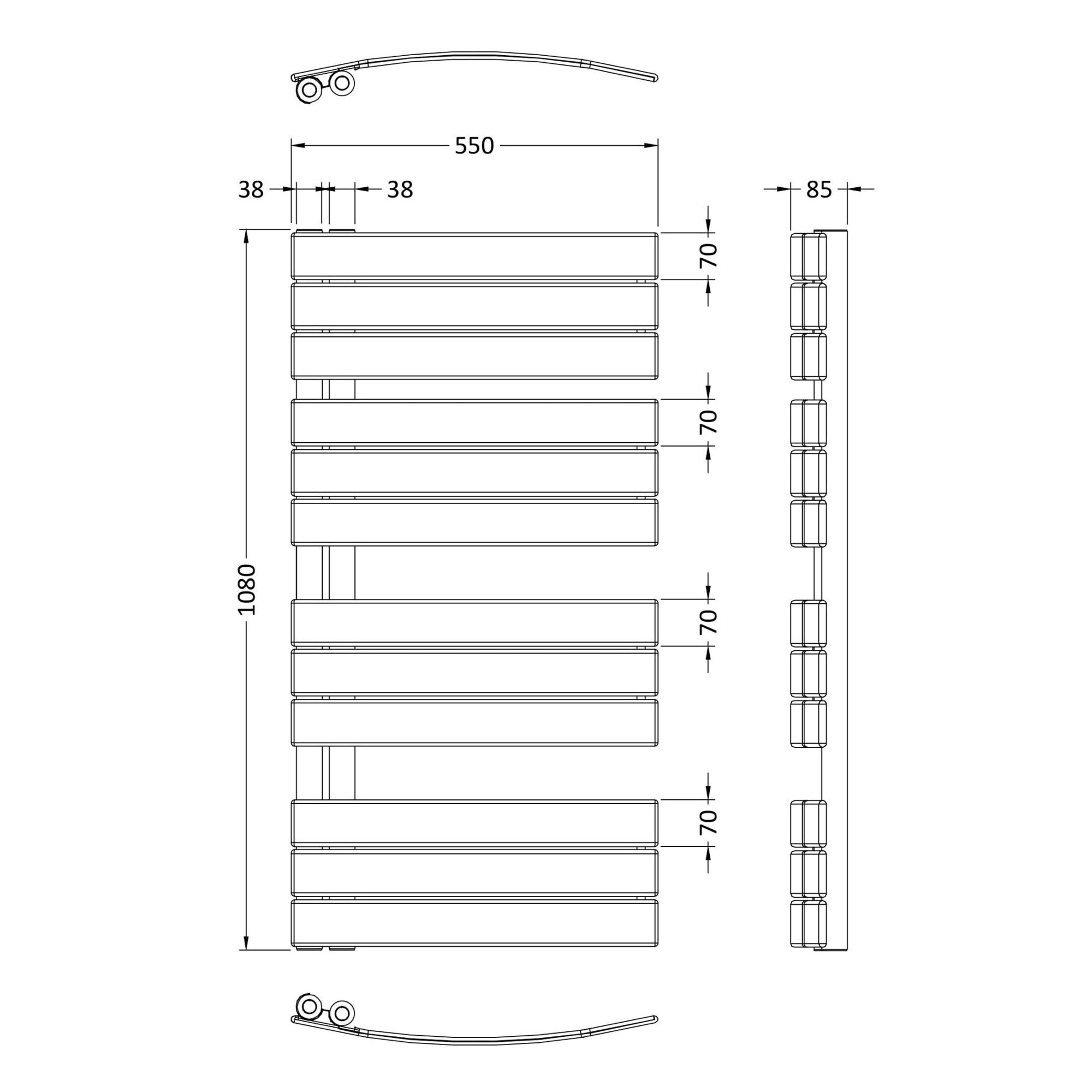 Heated Towel Rail 1080 X 550mm Chrome 1147 BTU 50 Pipe Centres