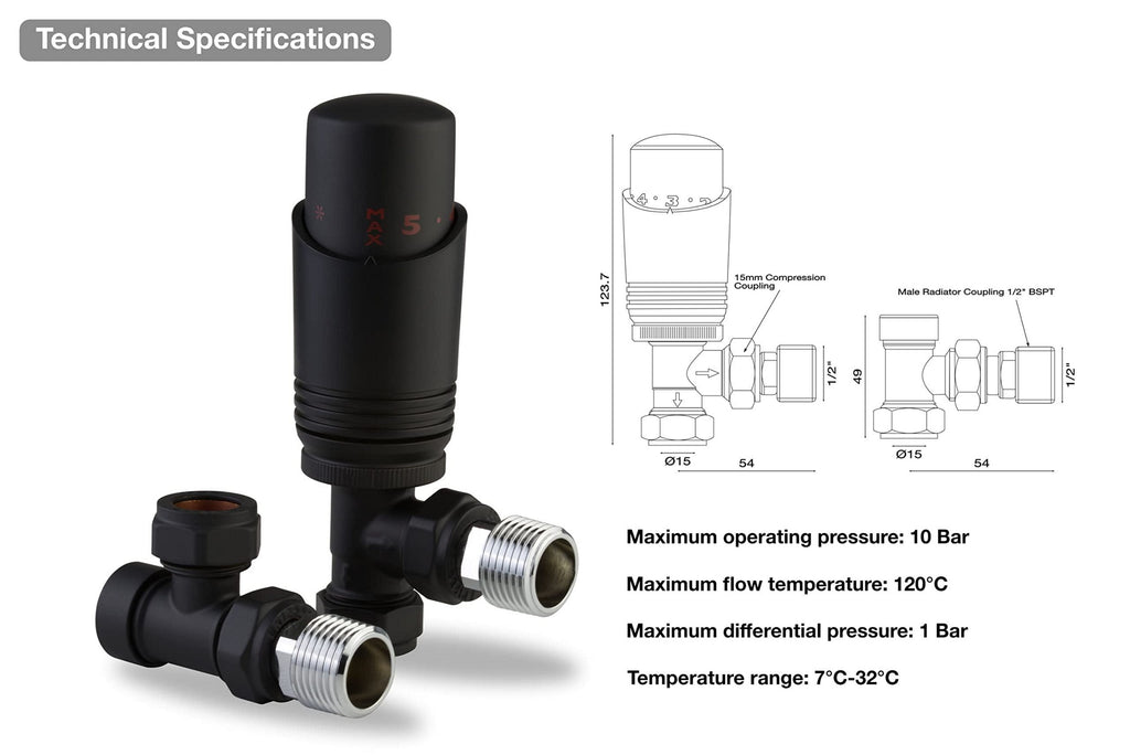 Designer Black Thermostatic Radiator Valve Twin Pack TRV Angled 15mm