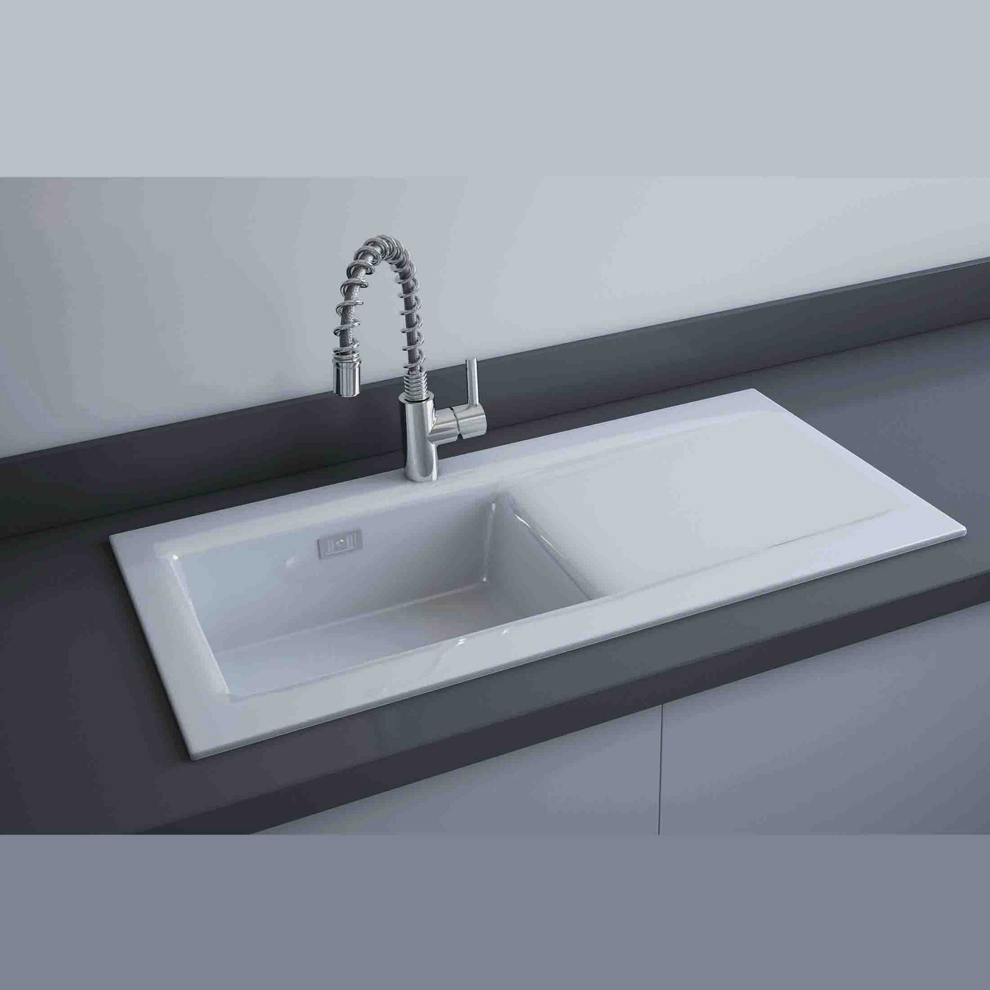 RAK Ceramics Gourmet Dream 2 White Ceramic Kitchen Sink - 1.0 Bowl, Reversible Drainer, 1055 x 545mm