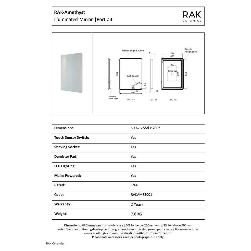 RAK Amethyst 500x700mm LED Illuminated Bathroom Mirror with Touch Sensor, Demister & Shaving Socket - IP44 Rated