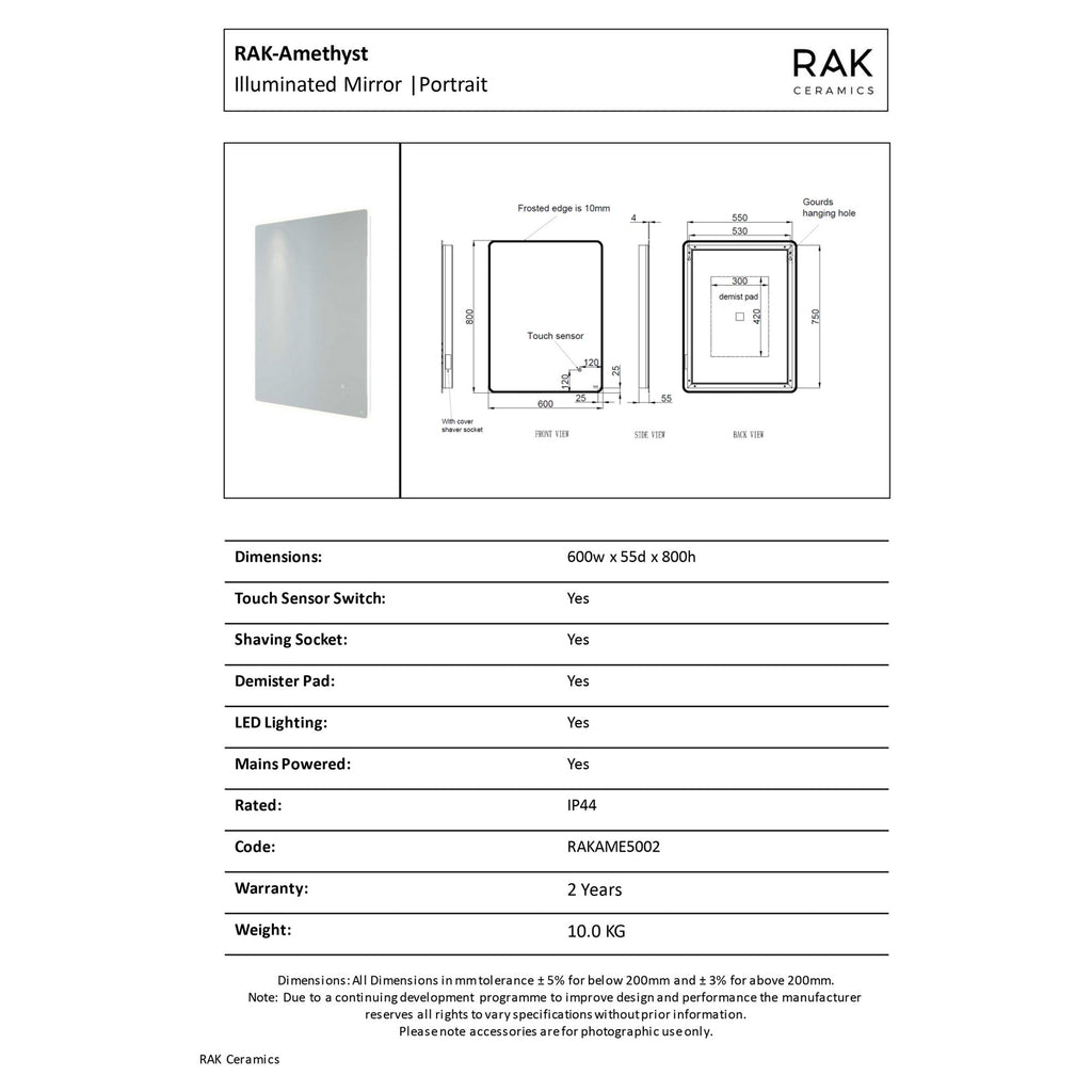 RAK Amethyst 600x800mm Illuminated Bathroom Mirror with Touch Sensor & Demister Pad