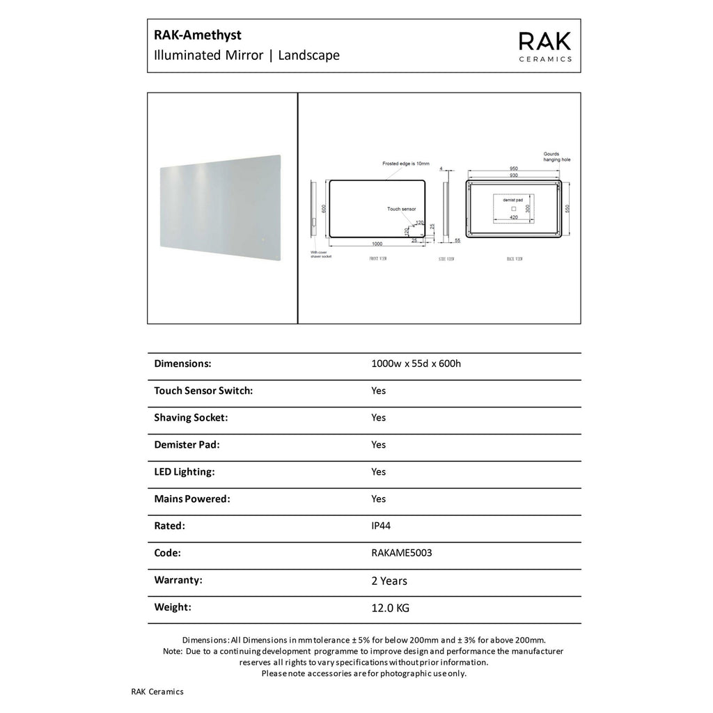 RAK Amethyst Large 1000x600mm LED Illuminated Bathroom Mirror with Touch Sensor, Demister & Shaving Socket, IP44