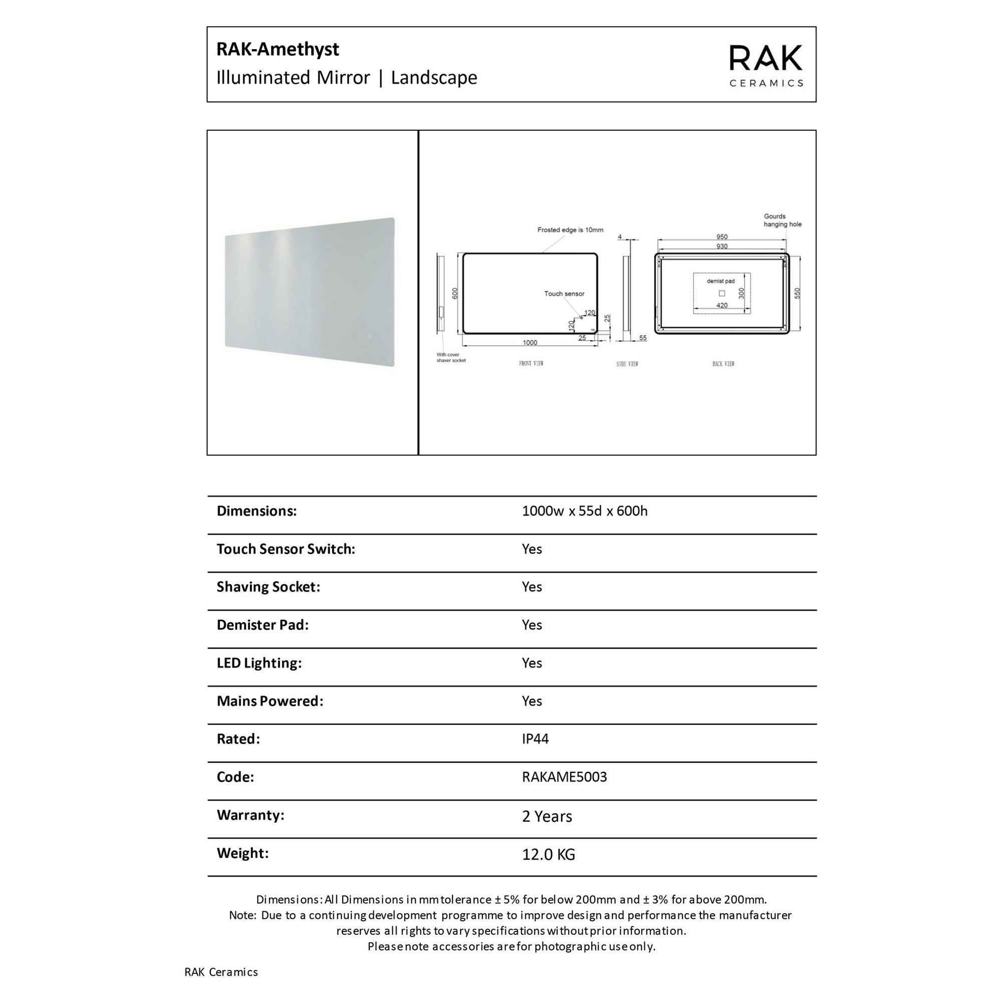 RAK Amethyst Large 1000x600mm LED Illuminated Bathroom Mirror with Touch Sensor, Demister & Shaving Socket, IP44