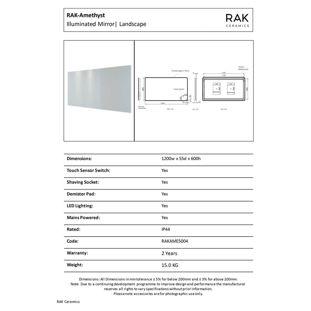 RAK Amethyst 1200x600mm Rectangular LED Illuminated Bathroom Mirror with Demister & Shaving Socket