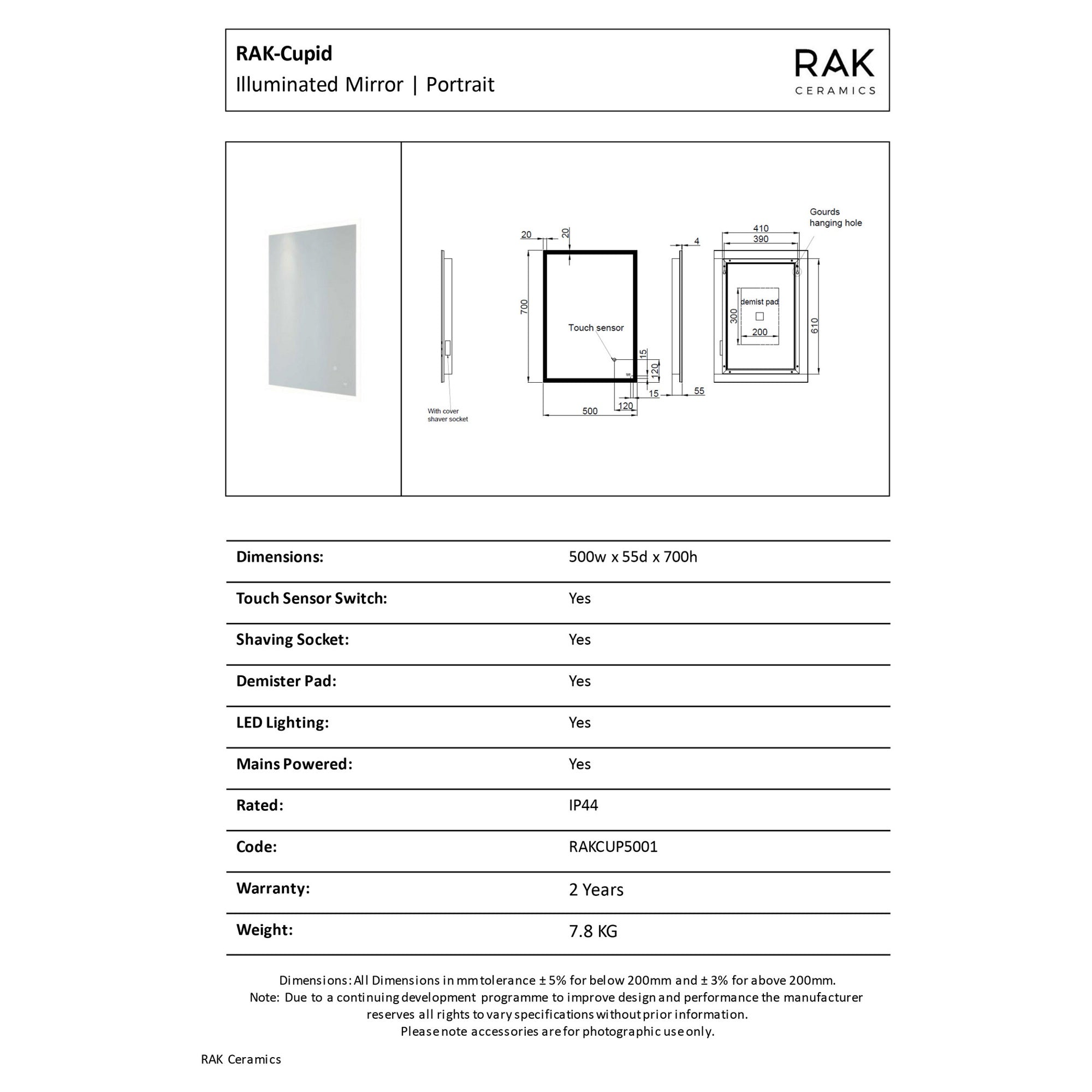RAK Cupid 500x700mm Rectangular LED Illuminated Bathroom Mirror with Touch Sensor & Demister Pad, IP44 - Silver