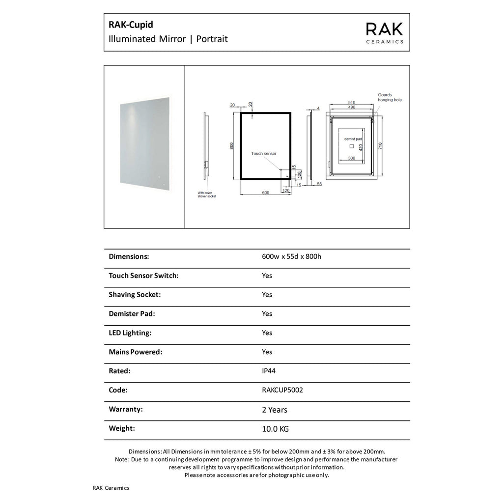 RAK Cupid 600x800 Rectangular LED Illuminated Bathroom Mirror with Demister & Shaving Socket