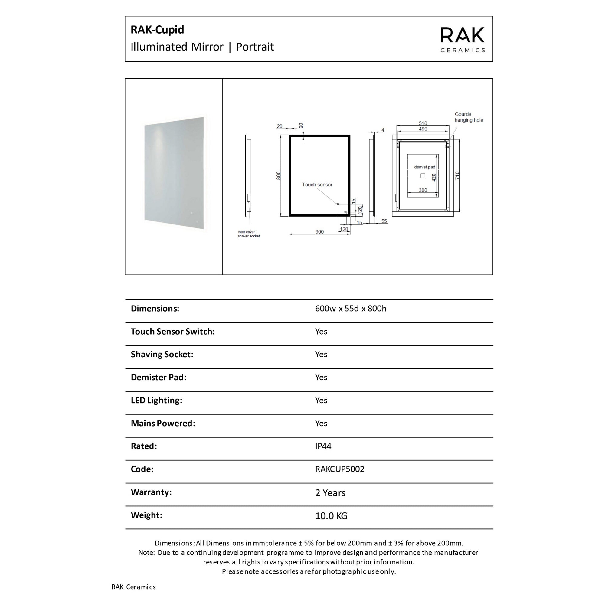 RAK Cupid 600x800 Rectangular LED Illuminated Bathroom Mirror with Demister & Shaving Socket