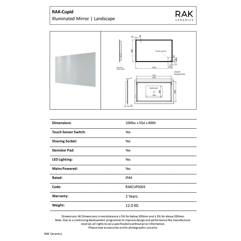RAK Cupid 1000x600 Silvery White Square with Touch Sensor Illuminated Mirror IP44