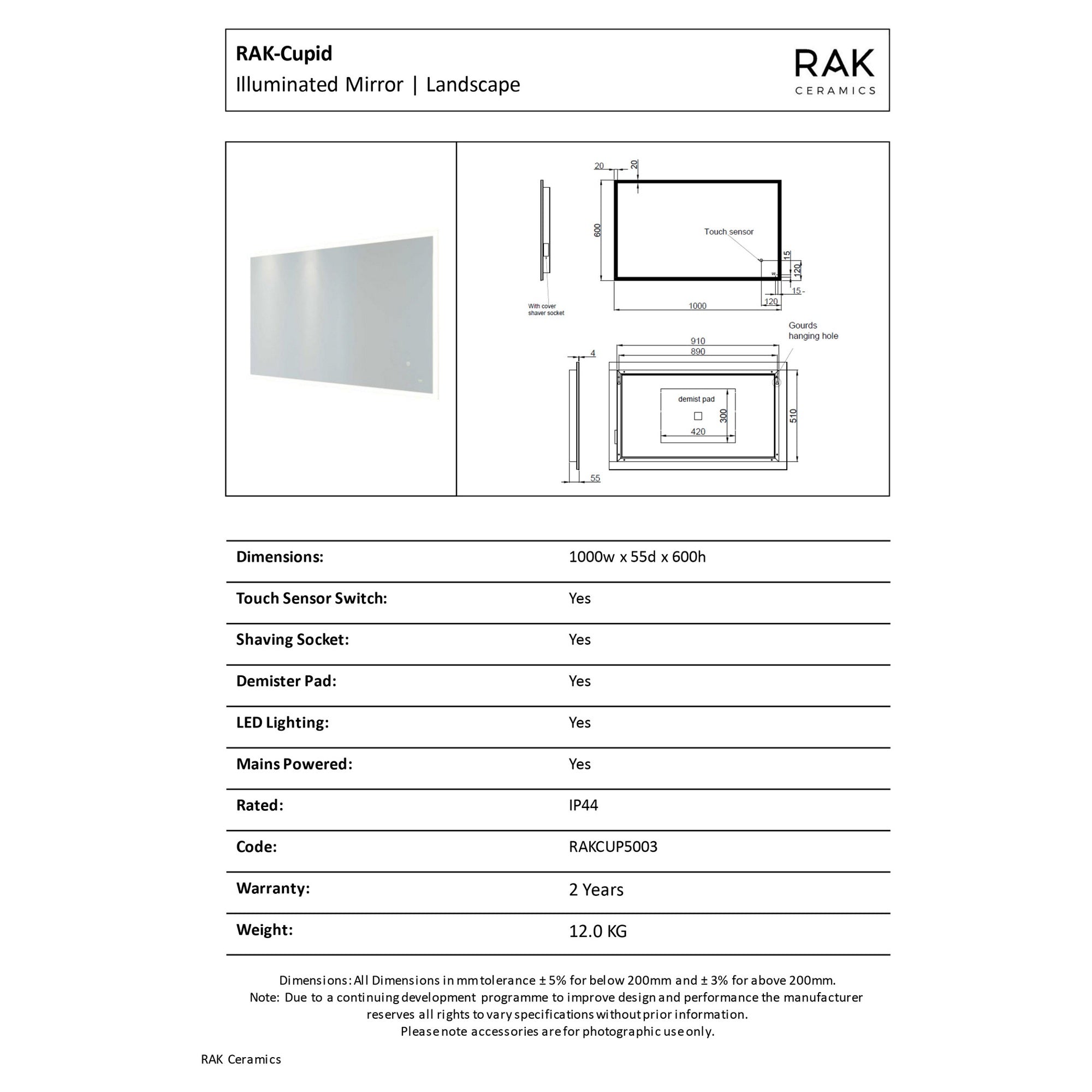 RAK Cupid 1000x600 Silvery White Square with Touch Sensor Illuminated Mirror IP44