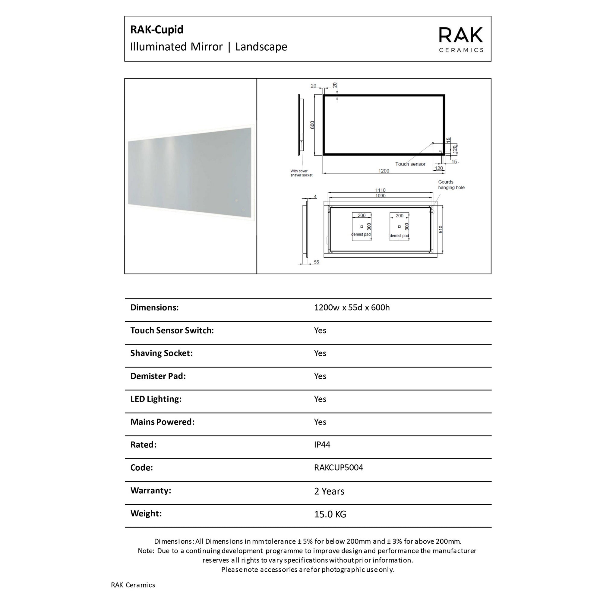 RAK Cupid 1200x600mm Rectangular Illuminated Bathroom Mirror with Demister & Shaving Socket