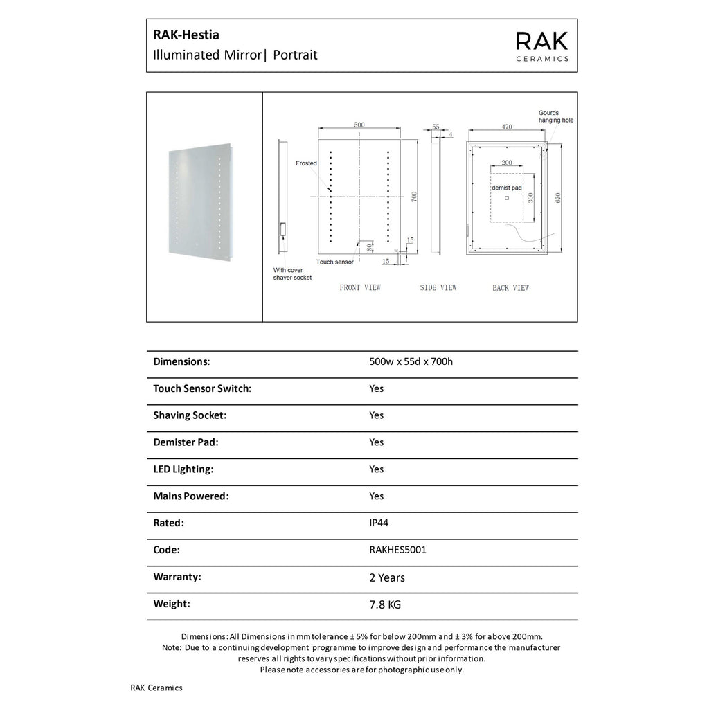 RAK Hestia 500x700mm Silvery White Illuminated Bathroom Mirror with Demister & Shaving Socket