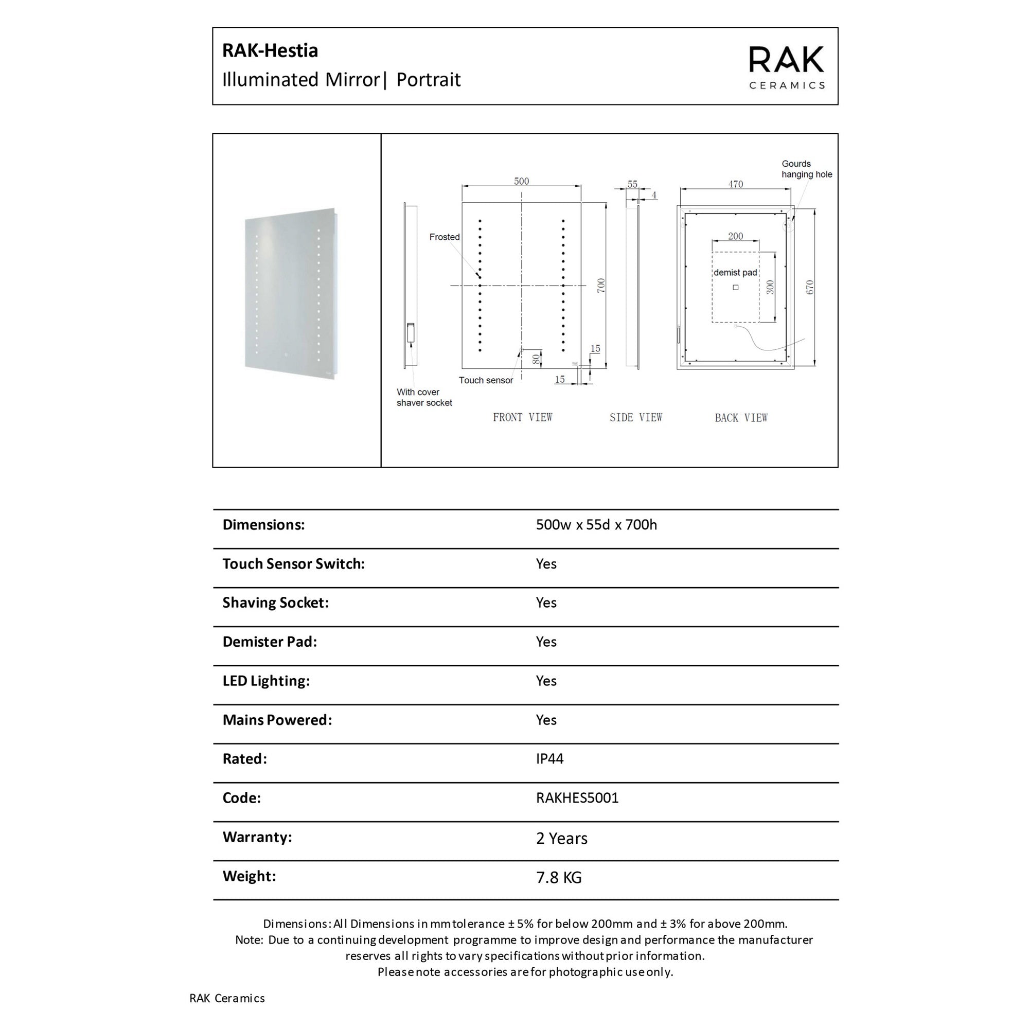 RAK Hestia 500x700mm Silvery White Illuminated Bathroom Mirror with Demister & Shaving Socket