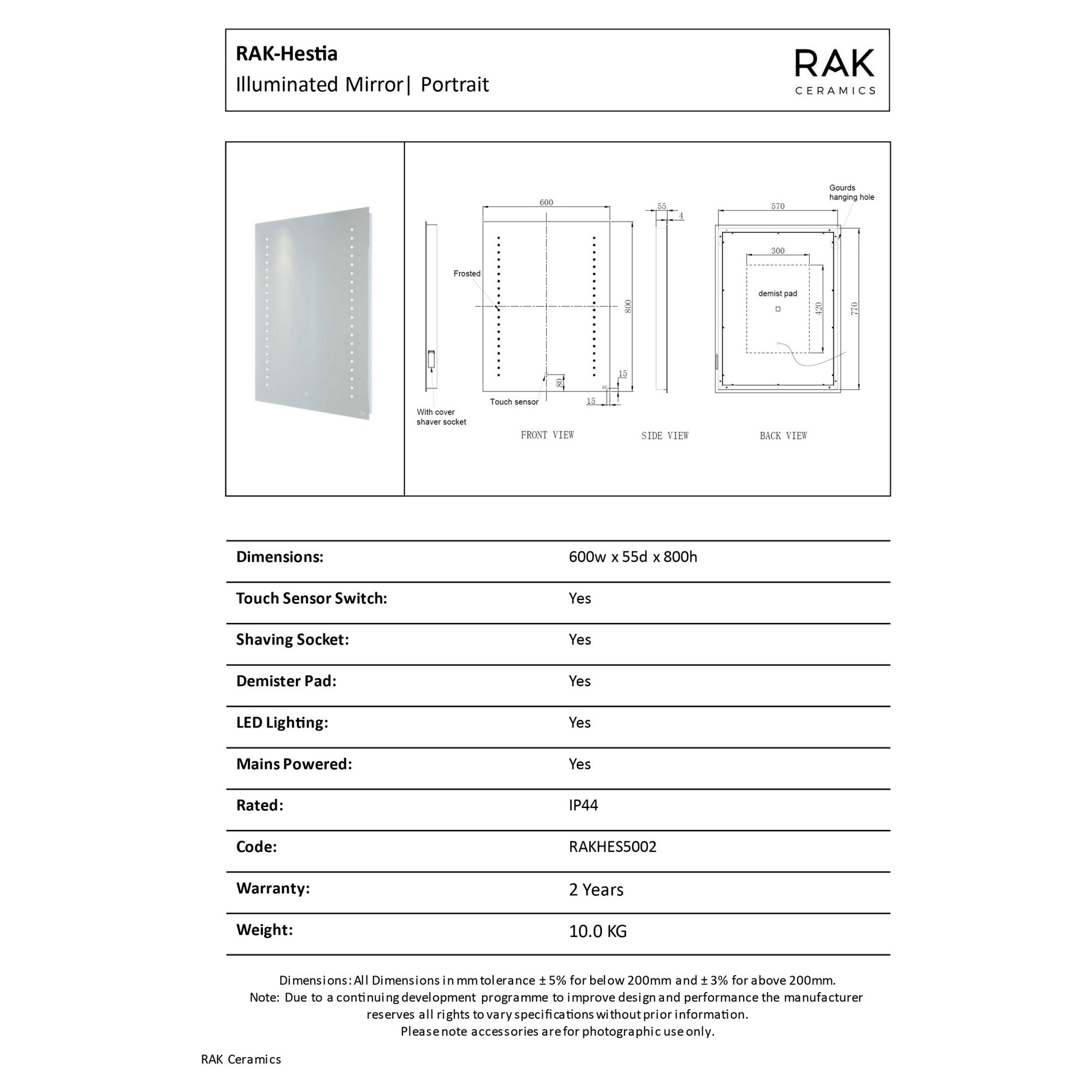 RAK Hestia 600x800mm Square Illuminated Bathroom Mirror with Demister, Shaver Socket & Touch Control, Silvery White IP44