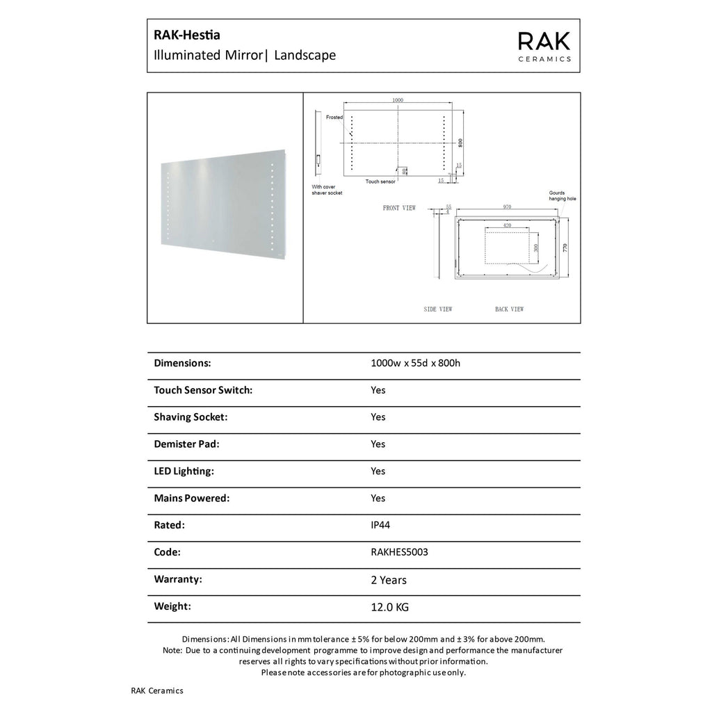RAK Hestia 1000x800mm Rectangular LED Illuminated Bathroom Mirror with Touch Sensor & Demister