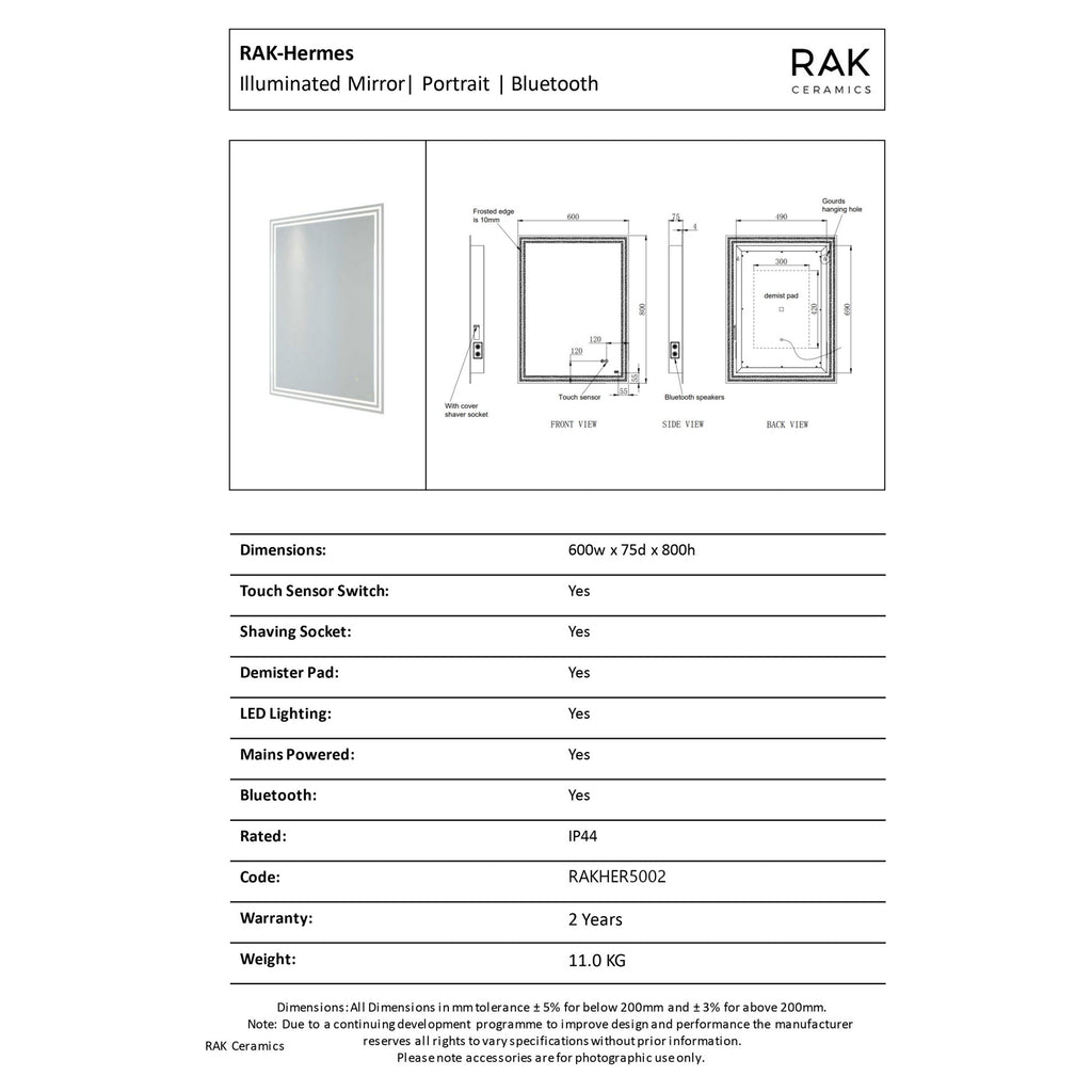 RAK Hermes 600x800mm Rectangular Illuminated Bathroom Mirror with Bluetooth, Demister & Shaving Socket - IP44