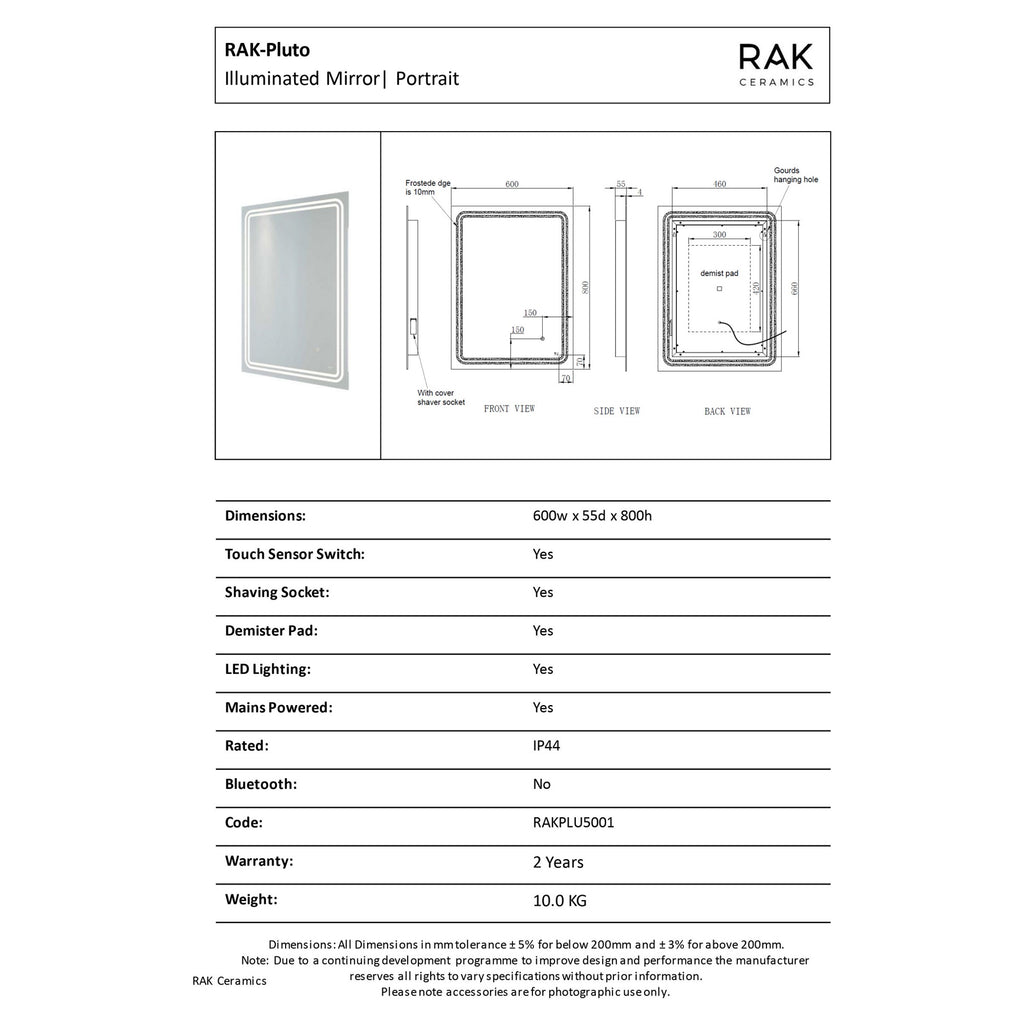 RAK Pluto 600x800mm LED Illuminated Bathroom Mirror with Demister & Shaving Socket - IP44 Rated
