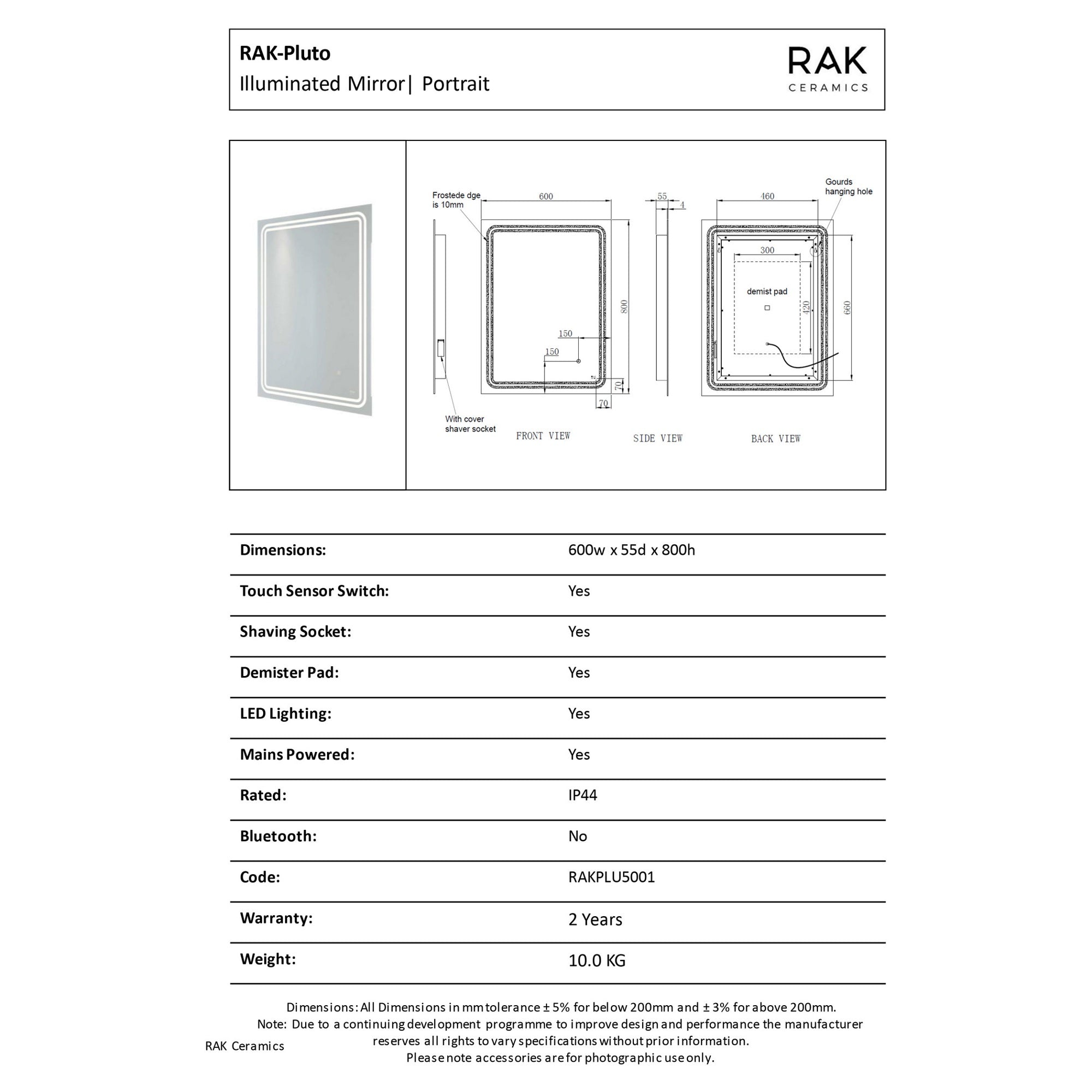 RAK Pluto 600x800mm LED Illuminated Bathroom Mirror with Demister & Shaving Socket - IP44 Rated