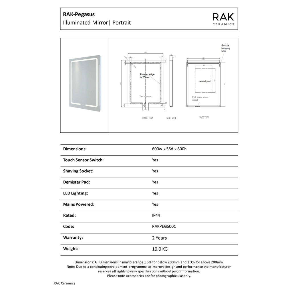 RAK Pegasus 600x800mm Illuminated Bathroom Mirror with Demister & Shaving Socket, IP44
