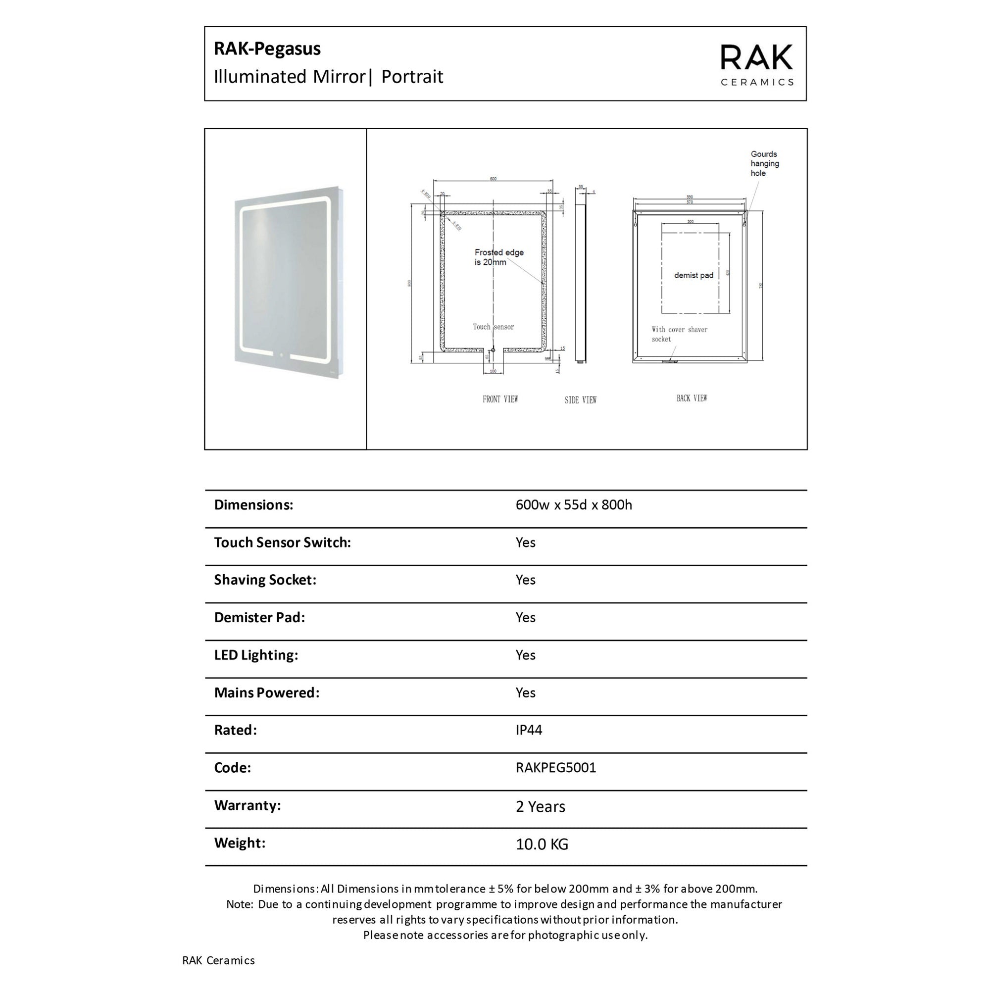 RAK Pegasus 600x800mm Illuminated Bathroom Mirror with Demister & Shaving Socket, IP44