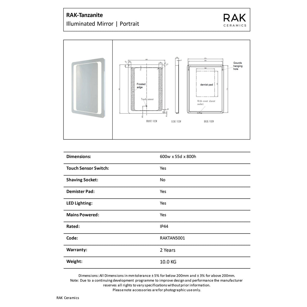 RAK Tanzanite 600x800mm Rectangular Illuminated Bathroom Mirror with Touch Sensor & Demister Pad, IP44 Rated