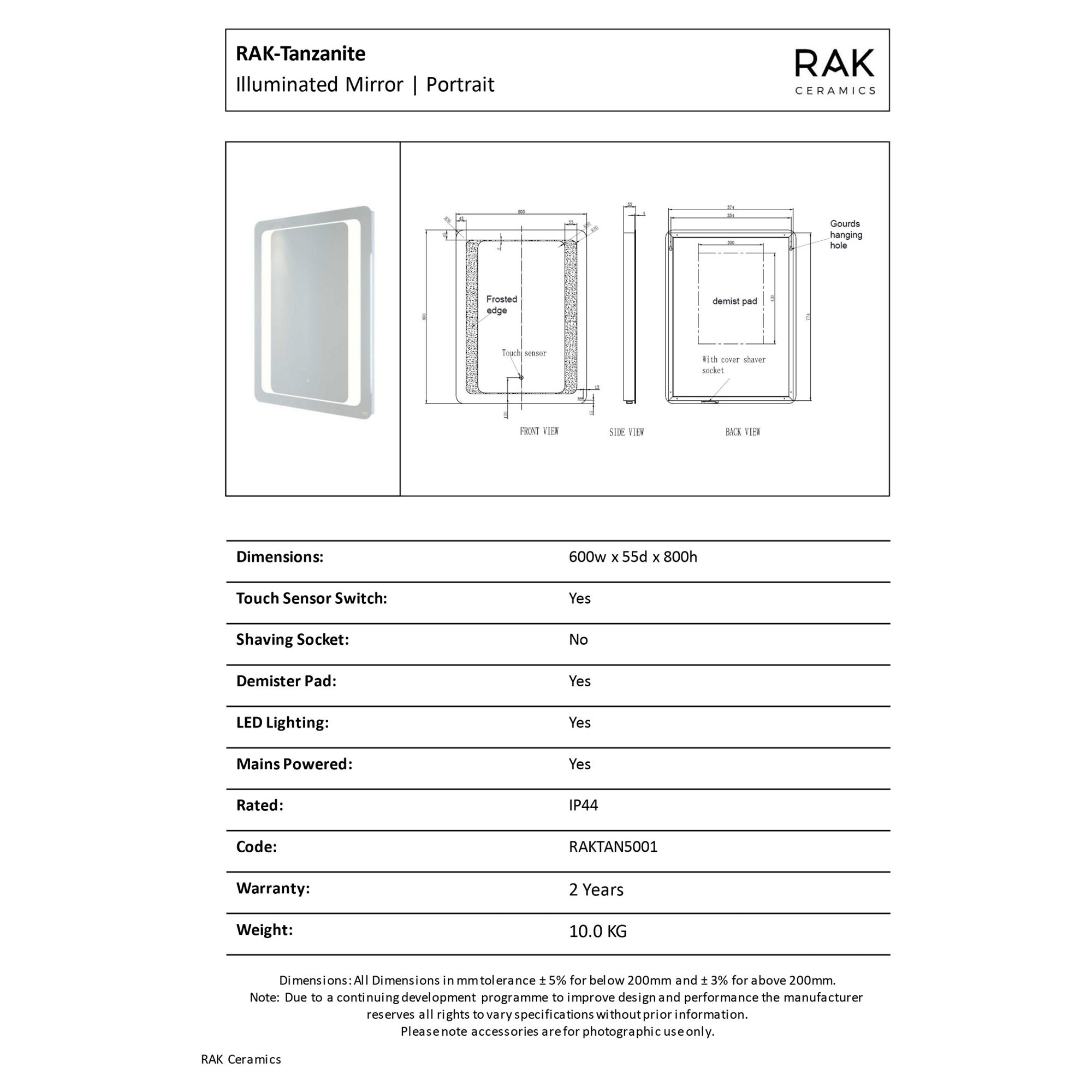 RAK Tanzanite 600x800mm Rectangular Illuminated Bathroom Mirror with Touch Sensor & Demister Pad, IP44 Rated