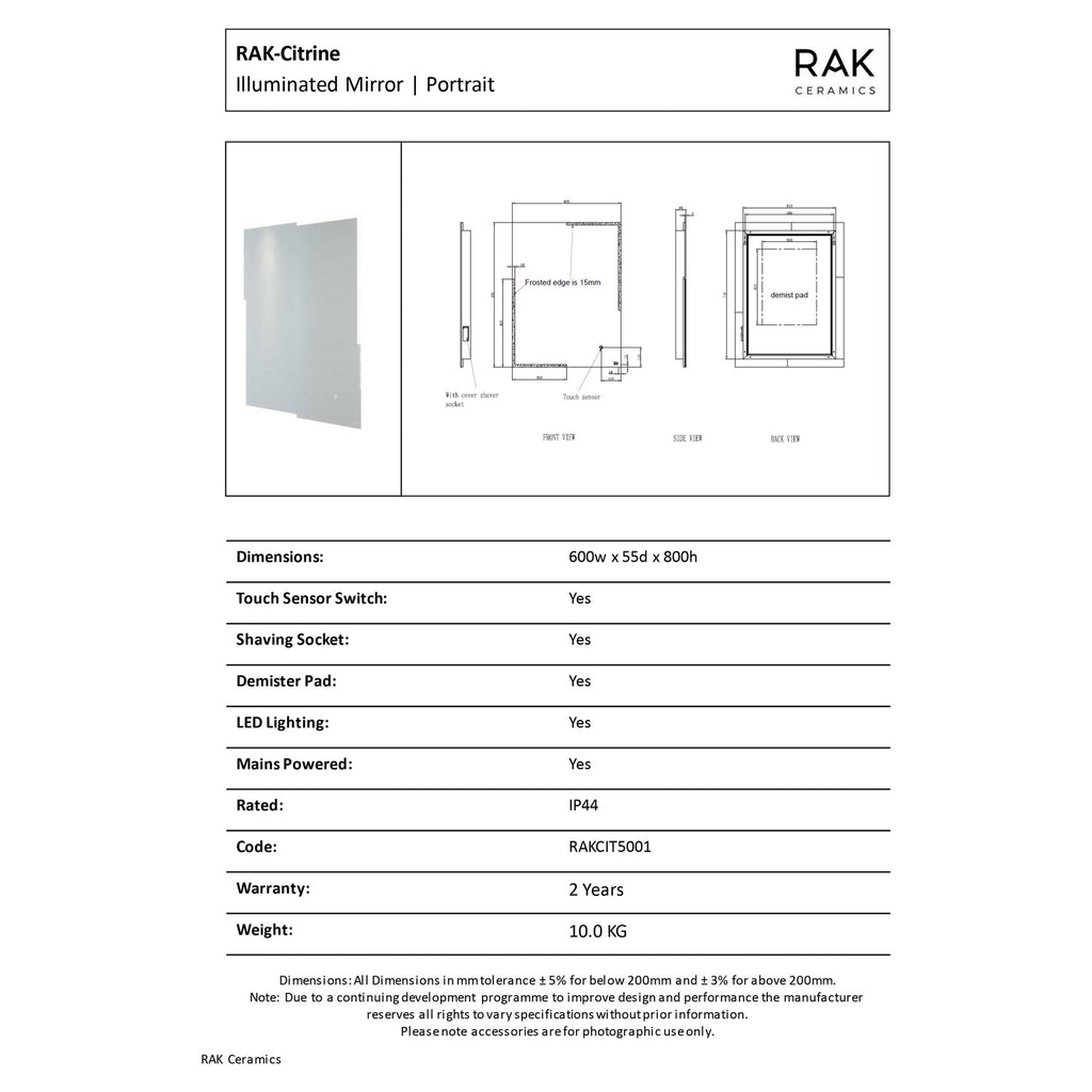 RAK Citrine 600x800 Rectangular Illuminated Bathroom Mirror with Touch Sensor & Demister