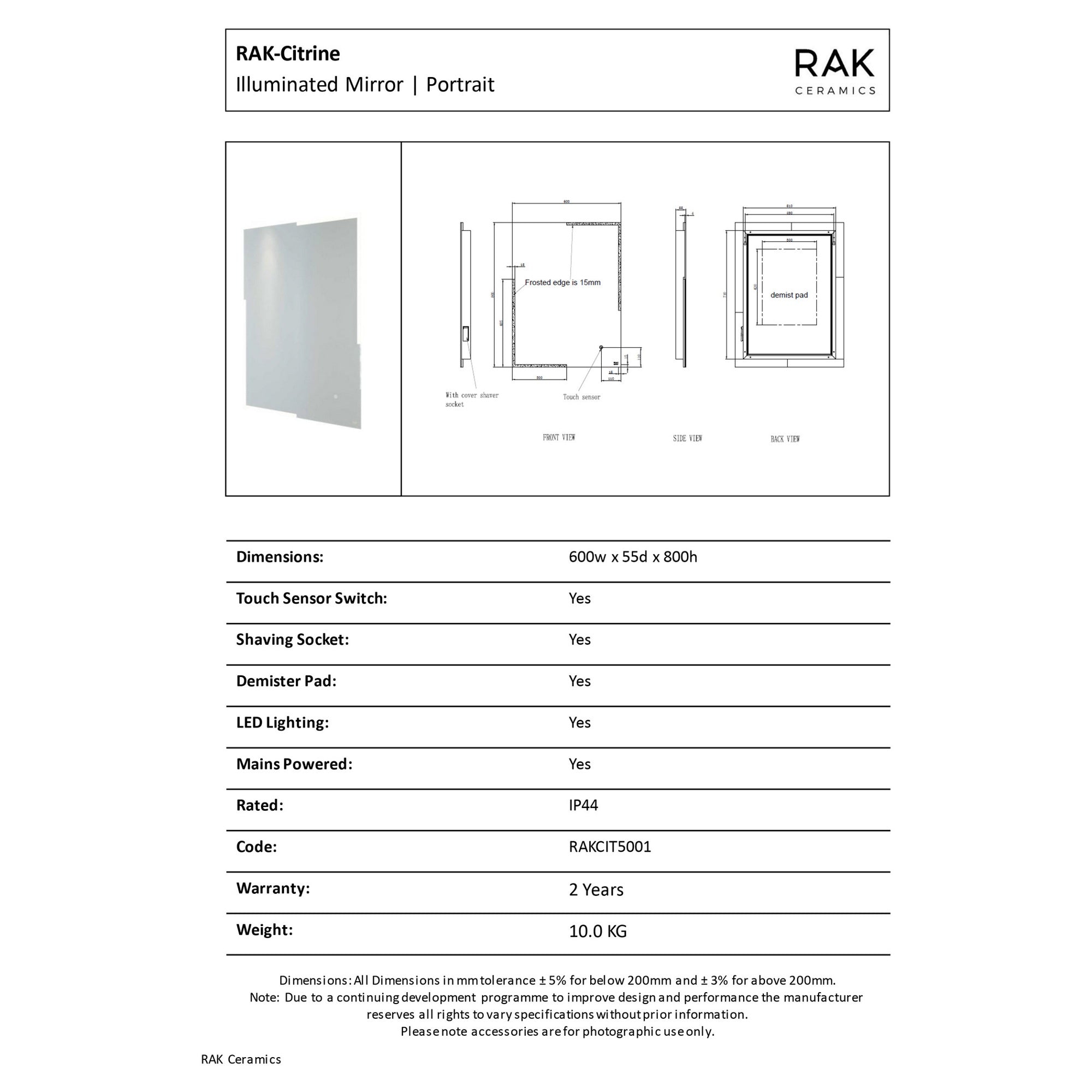 RAK Citrine 600x800 Rectangular Illuminated Bathroom Mirror with Touch Sensor & Demister