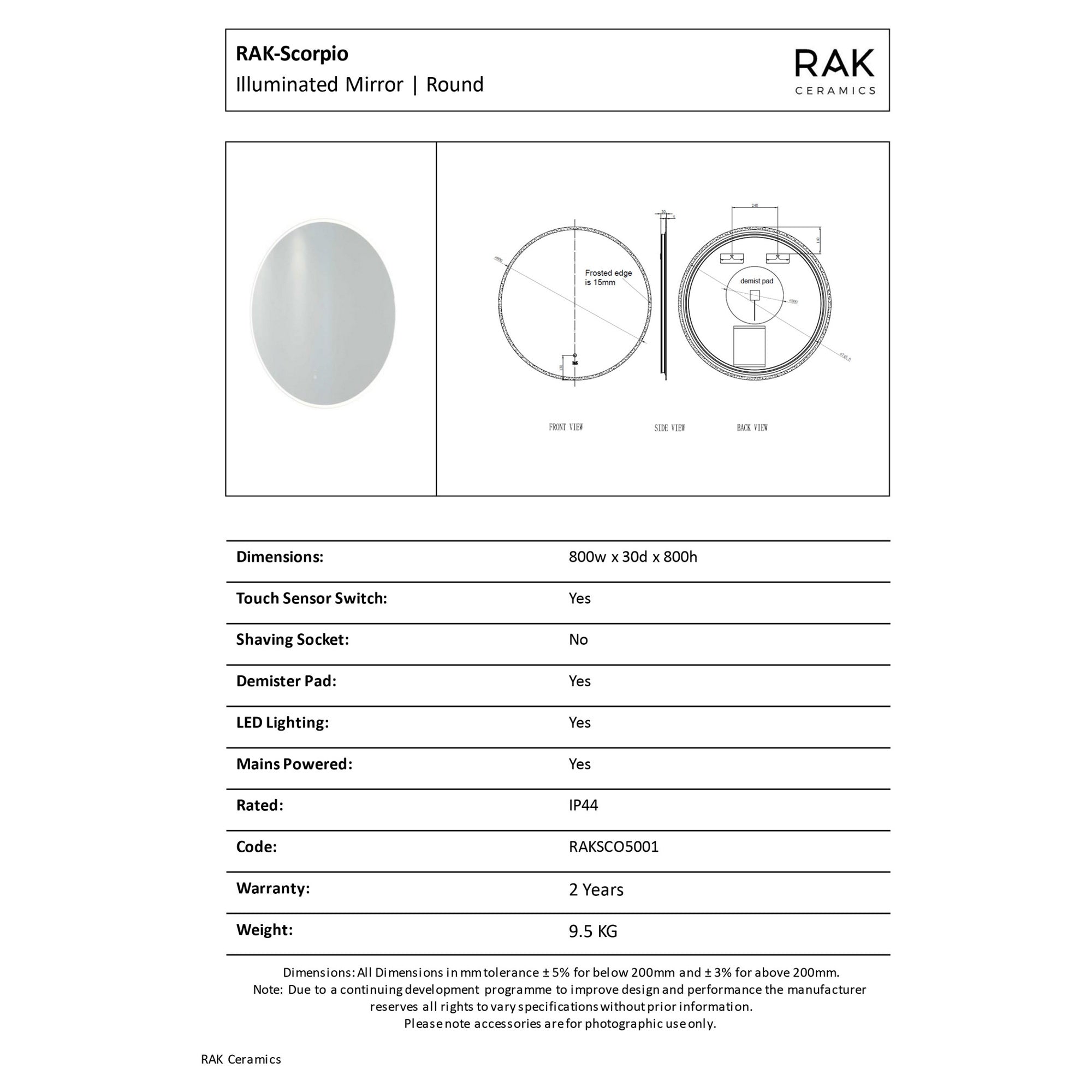 RAK Scorpio 800mm Round LED Bathroom Mirror with Touch Sensor & Demister Pad, IP44